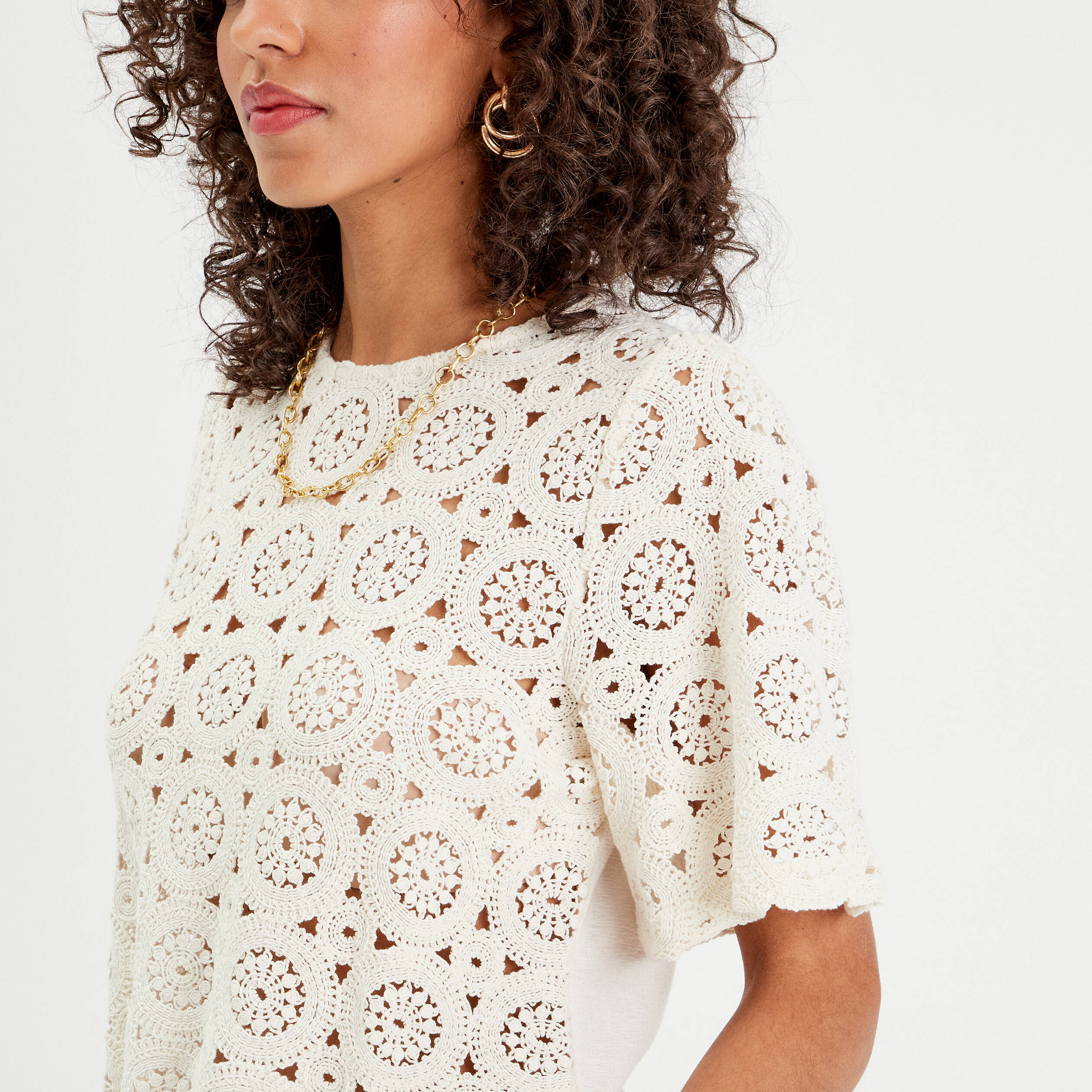 T-shirt macram&eacute; col rond ecru femme