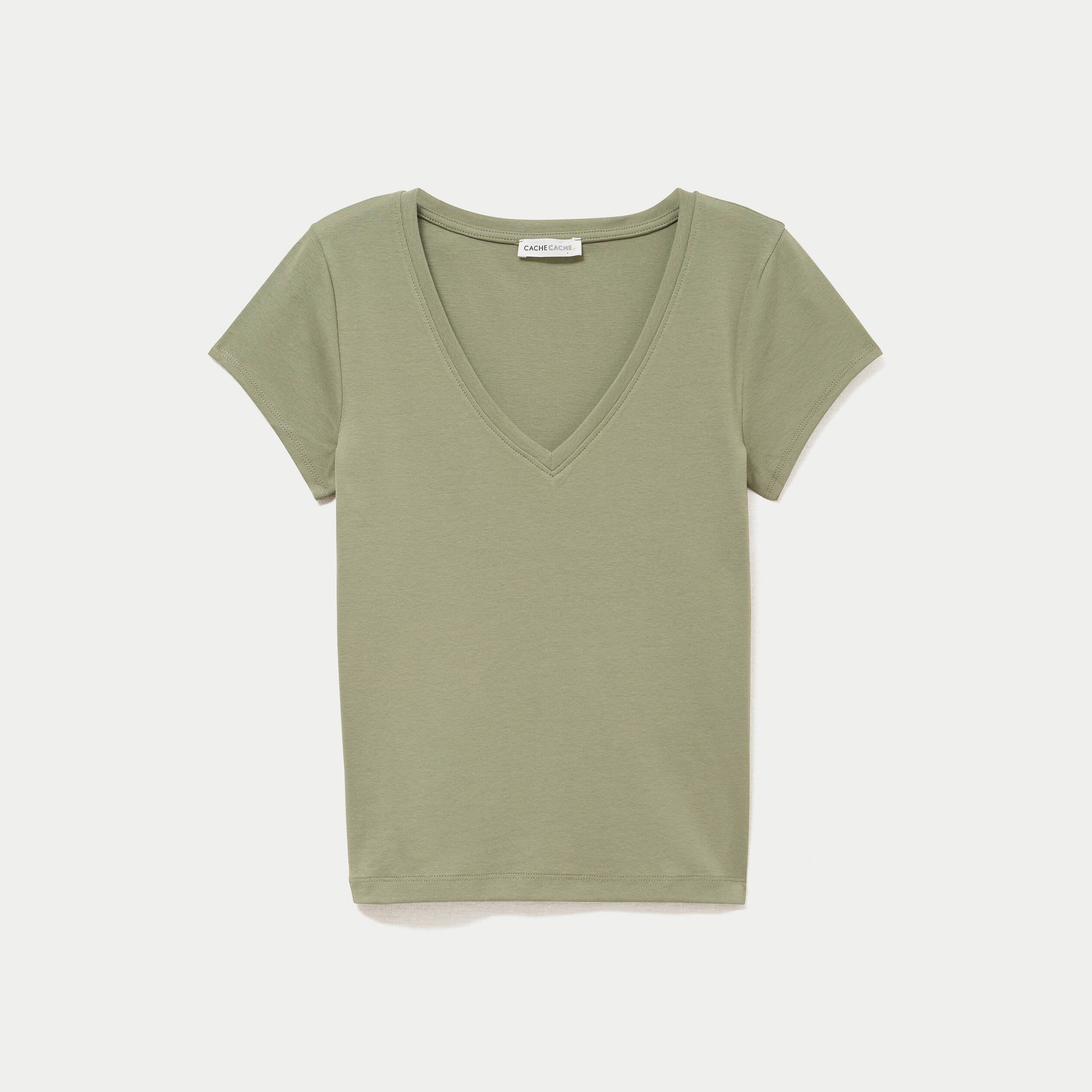 T-shirt ajust&eacute; col v manches courtes vert kaki femme