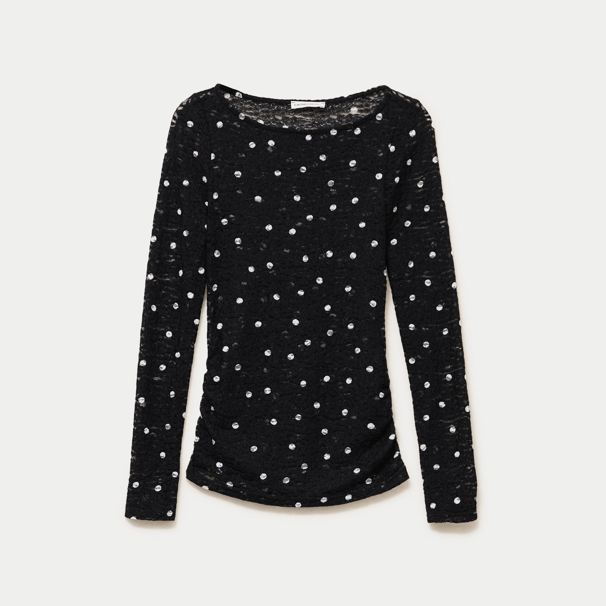 Top dentelle pliss&eacute; col bateau noir femme