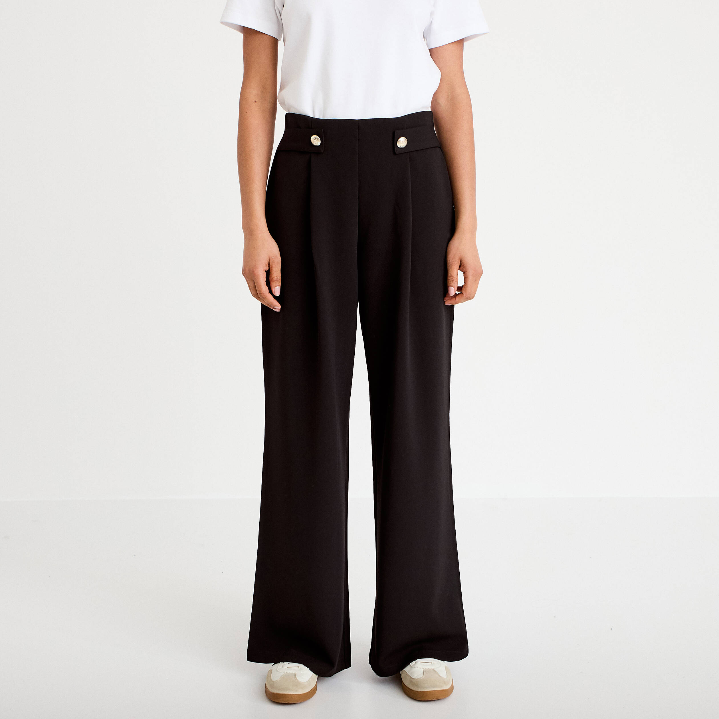 Pantalon large taille haute fluide noir femme