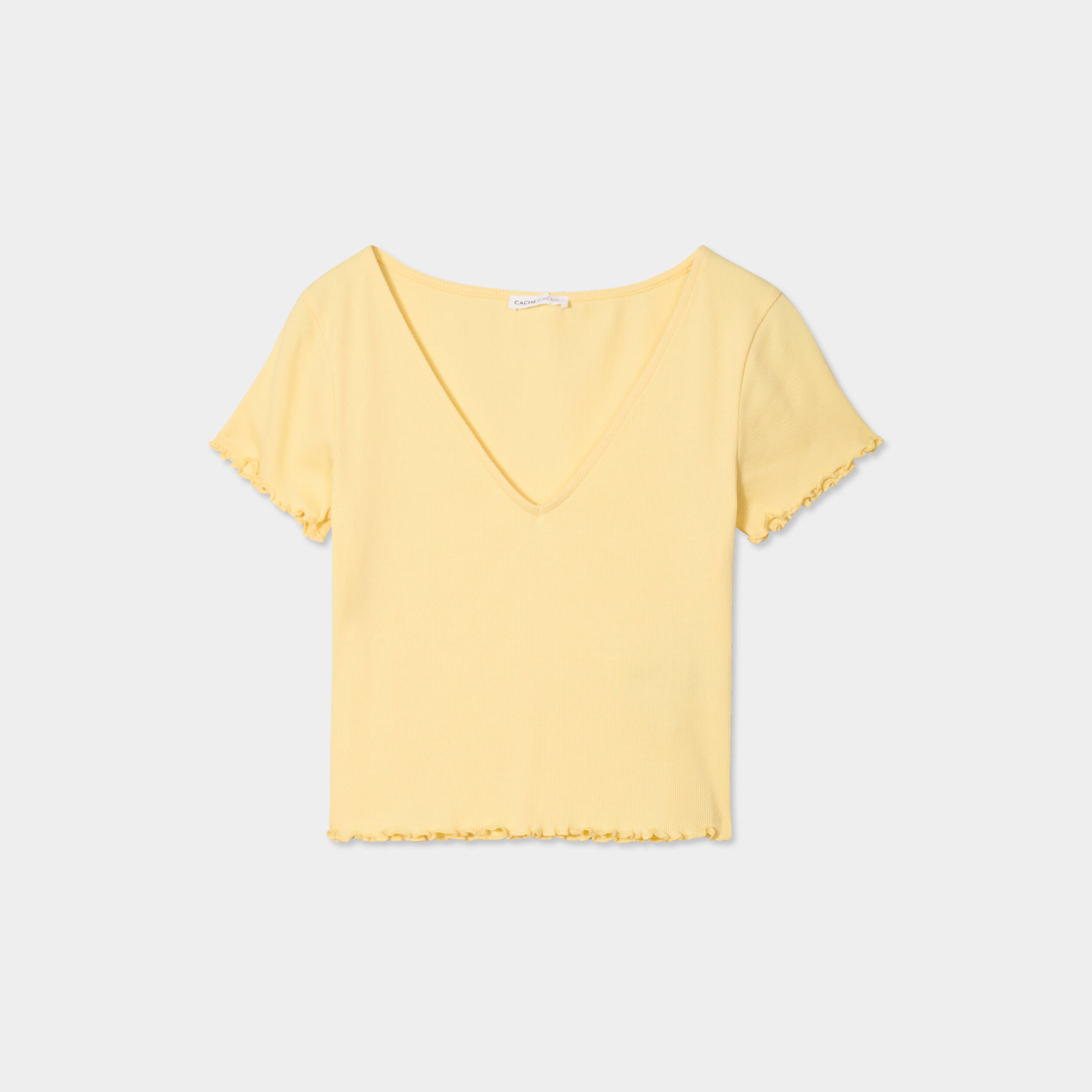 T-shirt côtelé manches courtes jaune clair femme