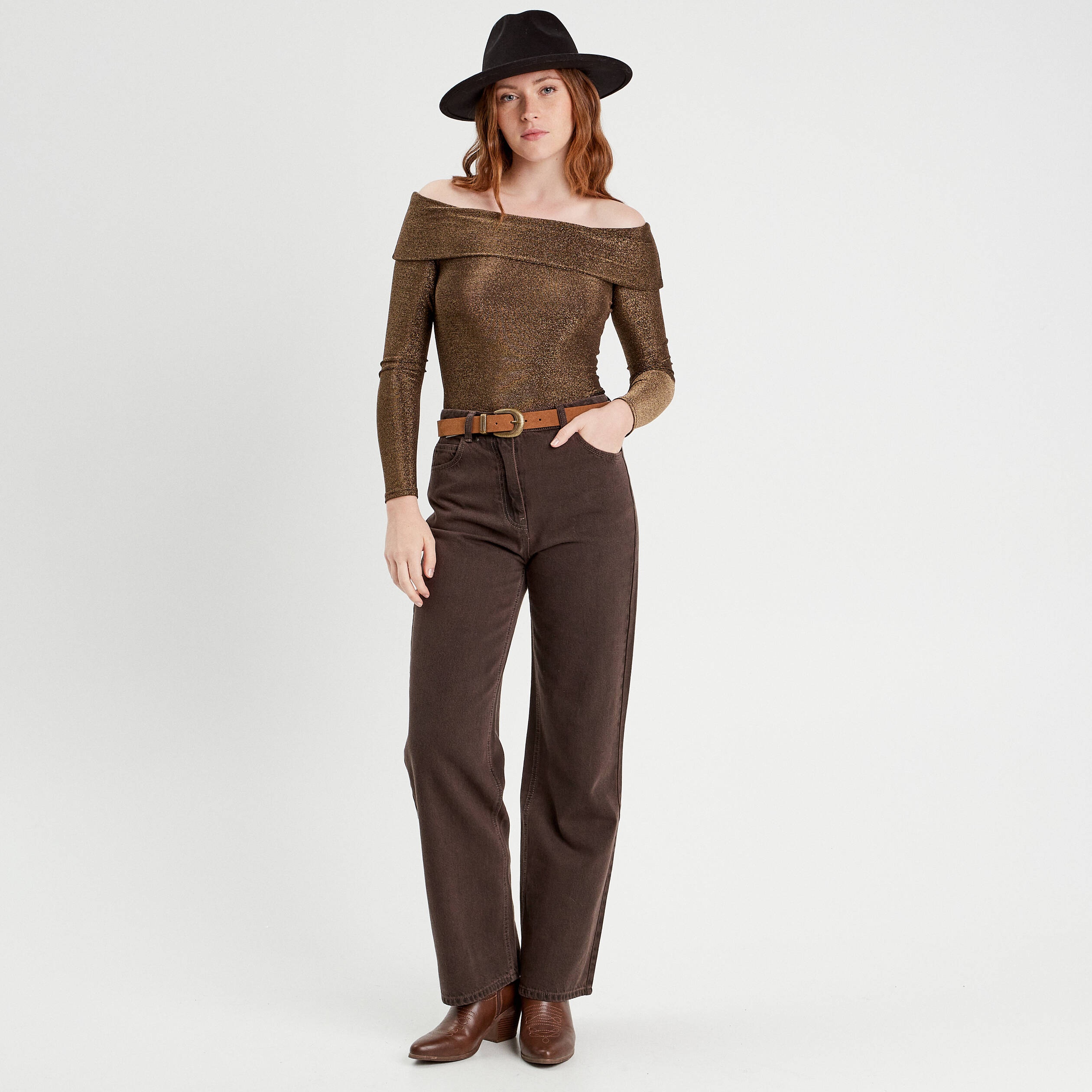 Jeans wide leg taille haute marron fonc&eacute; femme
