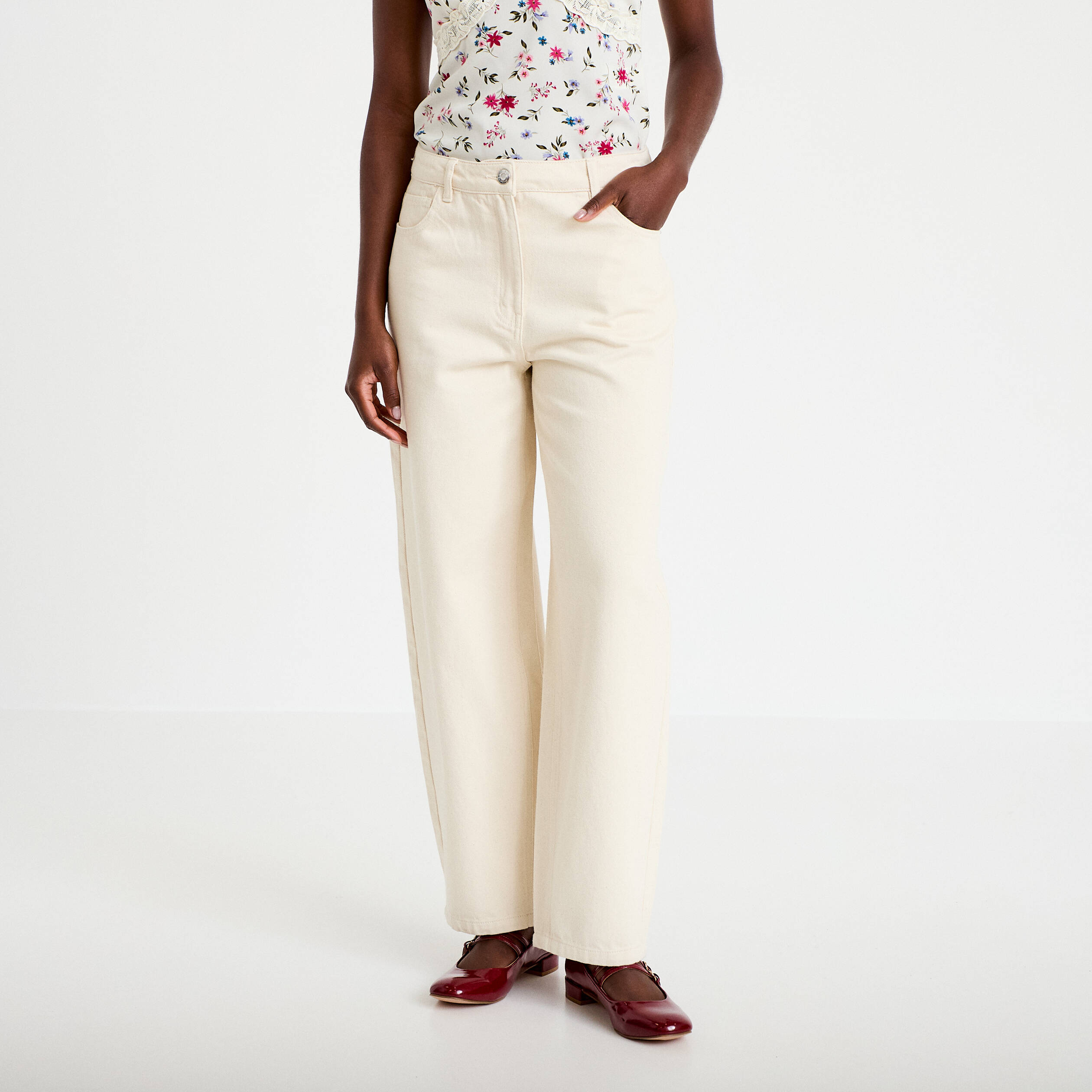 Pantalon barrel broderie taille basse ecru femme