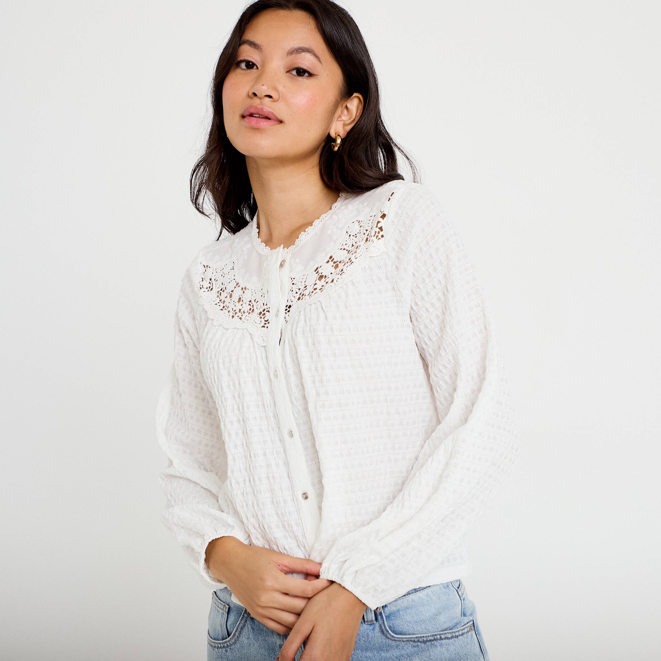 Blouse col rond manches longues ecru femme