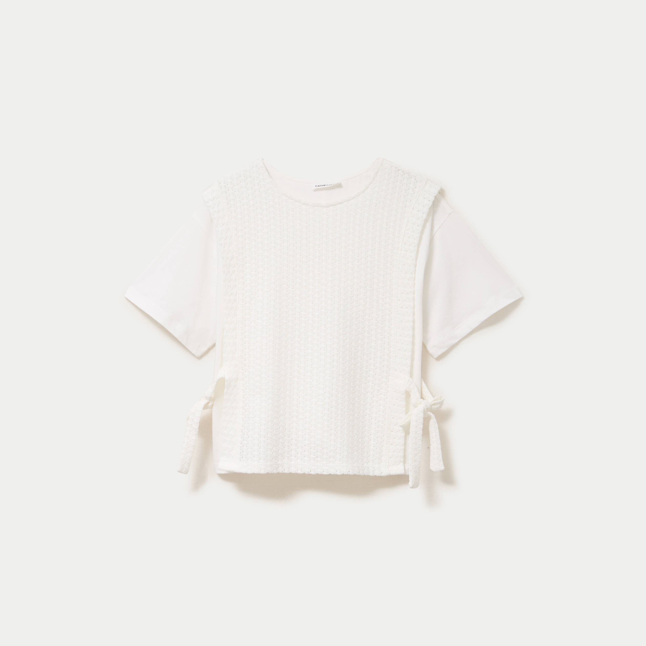 T-shirt 2-en-1 col rond manches courtes ecru femme