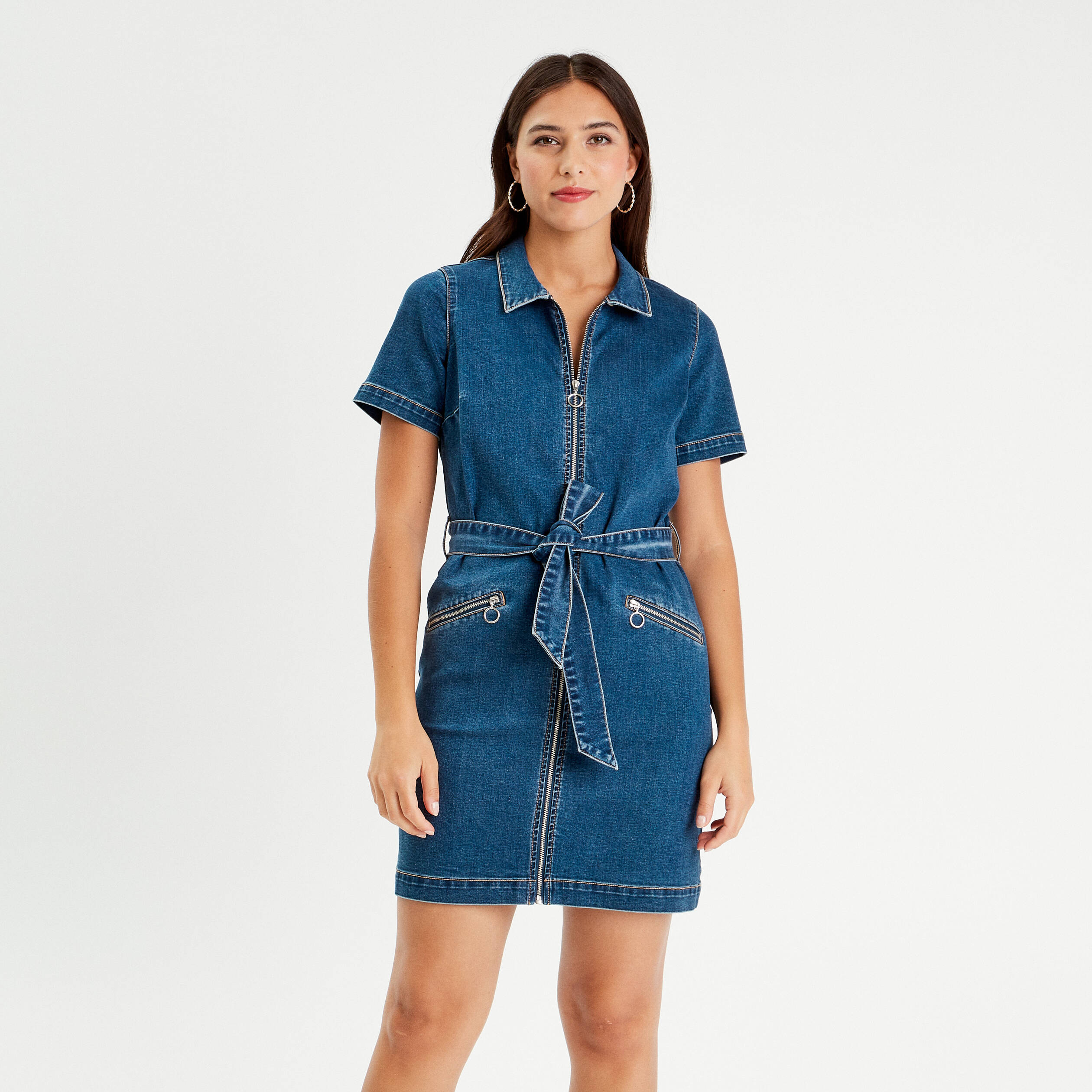 Robe droite en jean zipp&eacute;e denim stone femme