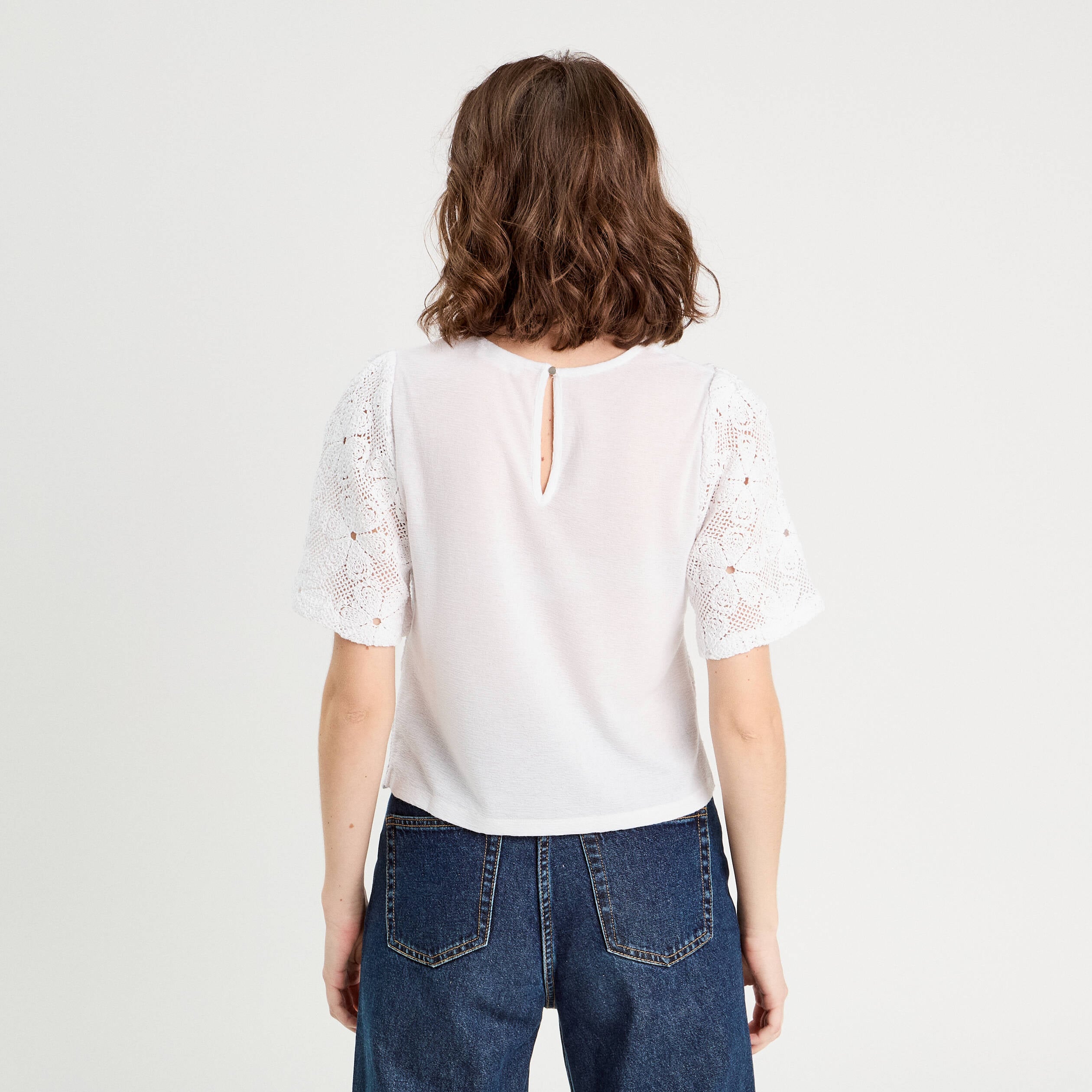 T-shirt dentelle macram&eacute; blanc femme