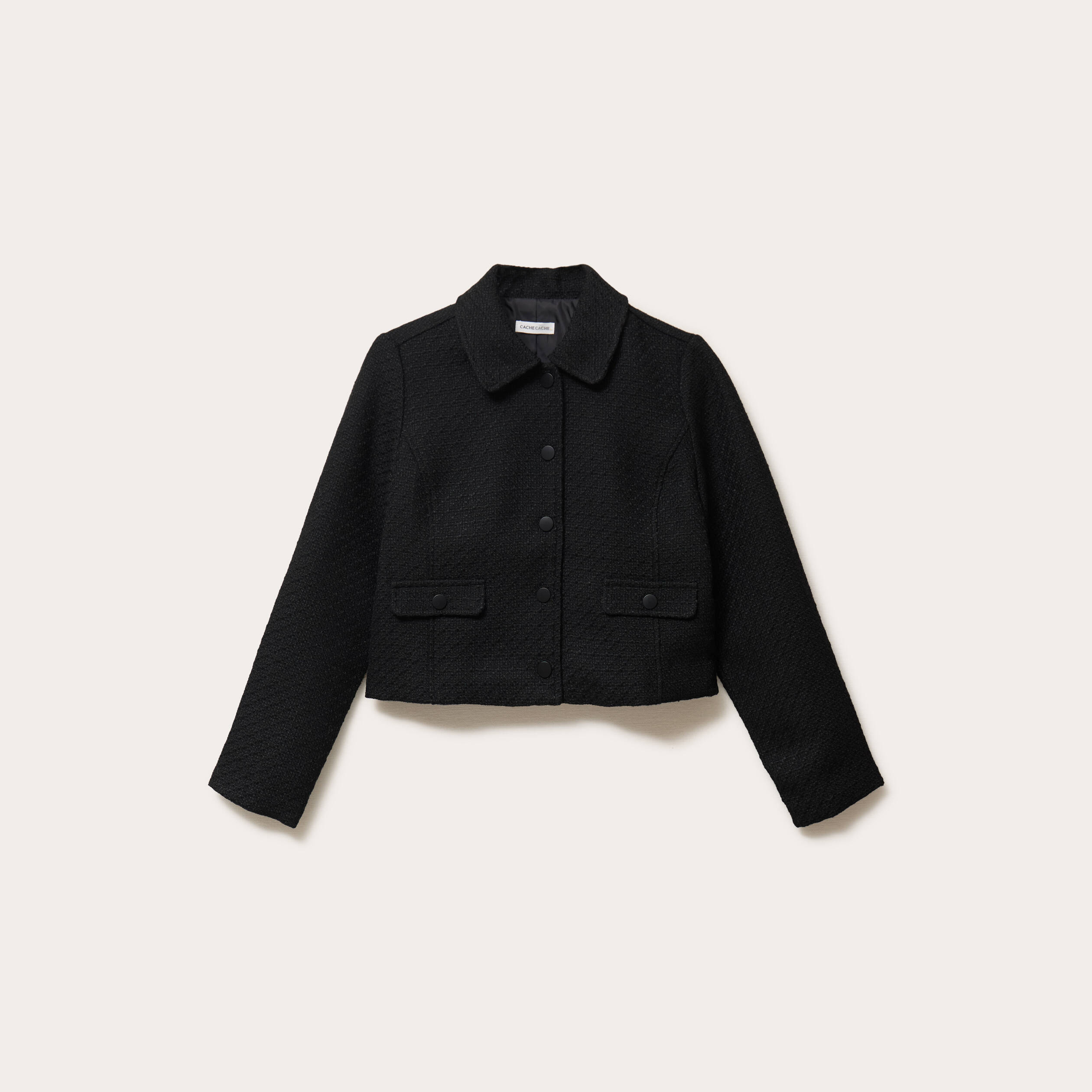 Veste droite cropped en tweed noir femme