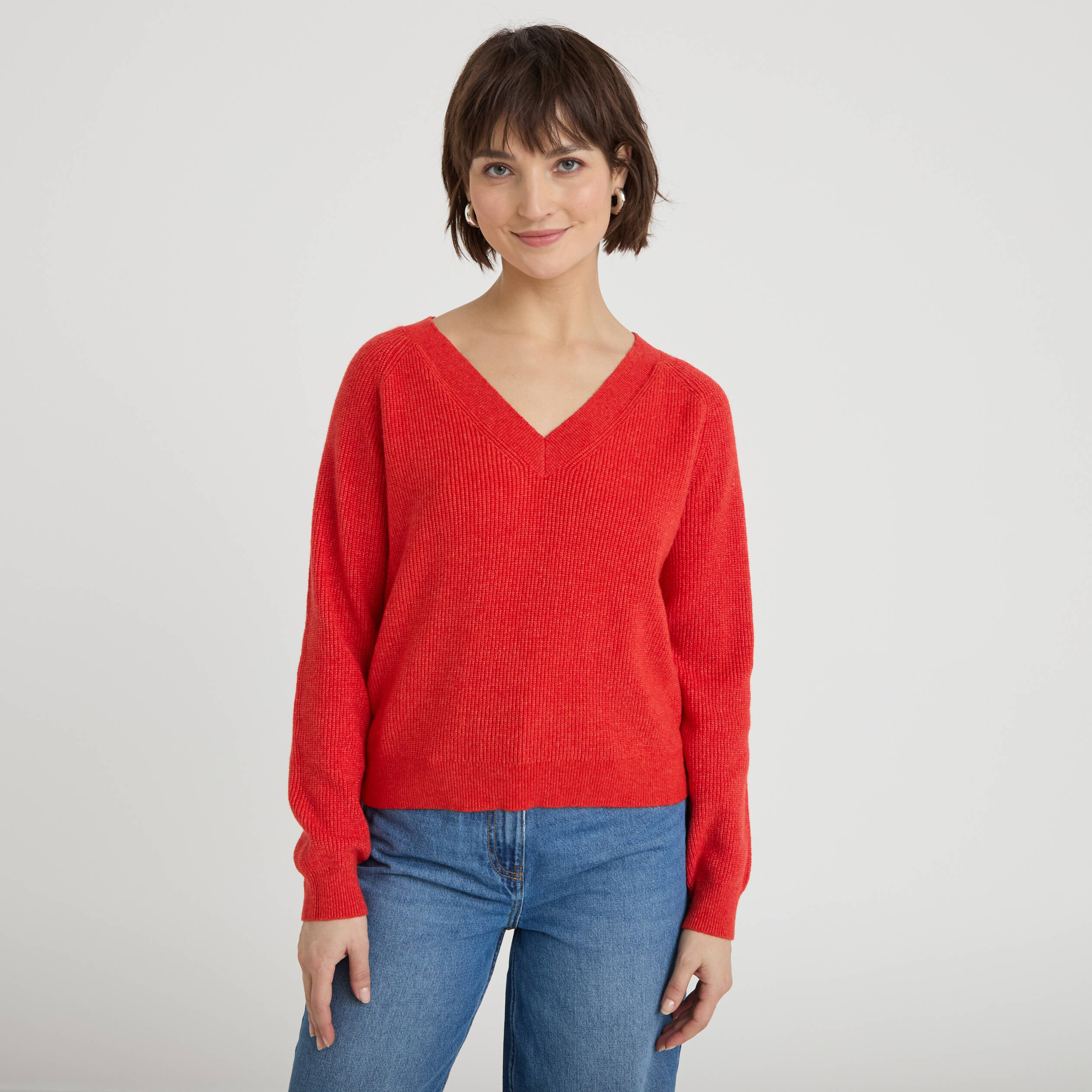 Pull fin col v rouge femme