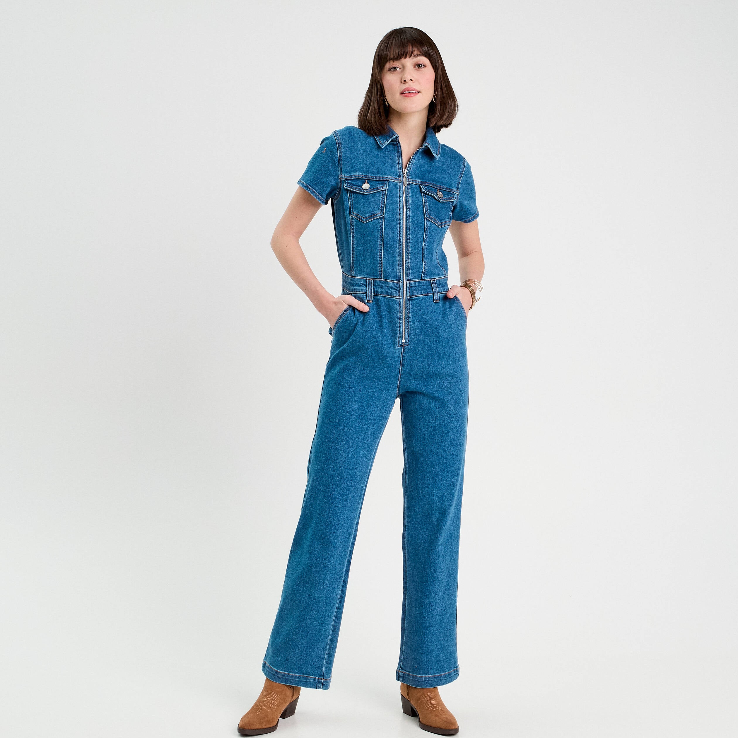 Combinaison pantalon en jean denim stone femme