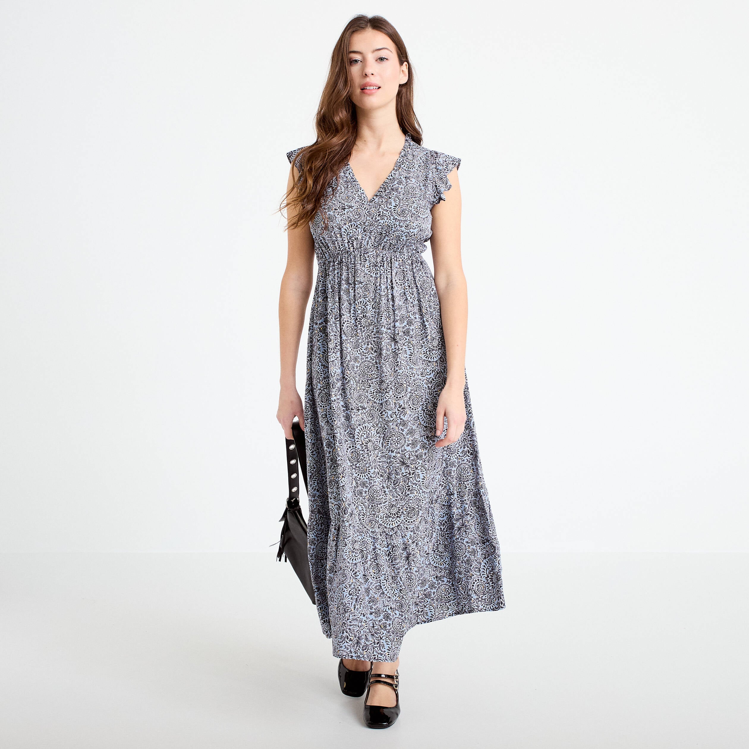 Robe longue &eacute;vas&eacute;e col v manches courtes bleu femme