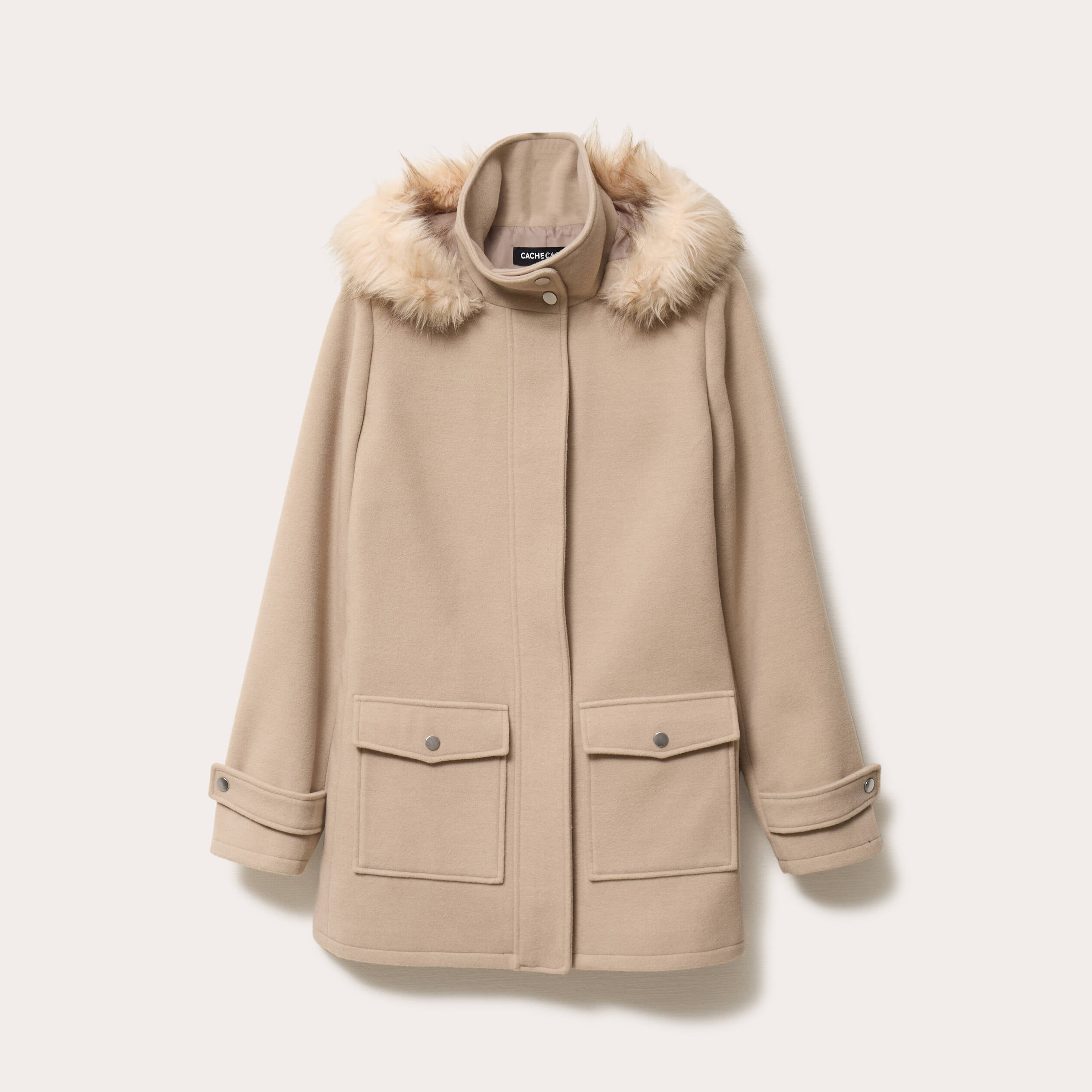 Manteau mi-long &agrave; capuche beige femme