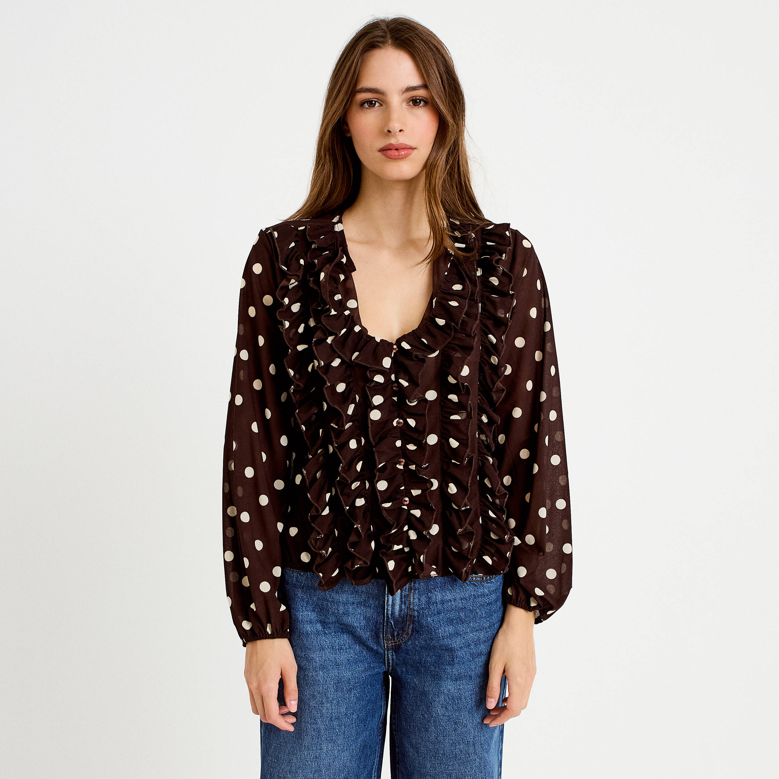 Blouse droite col v manches longues marron femme