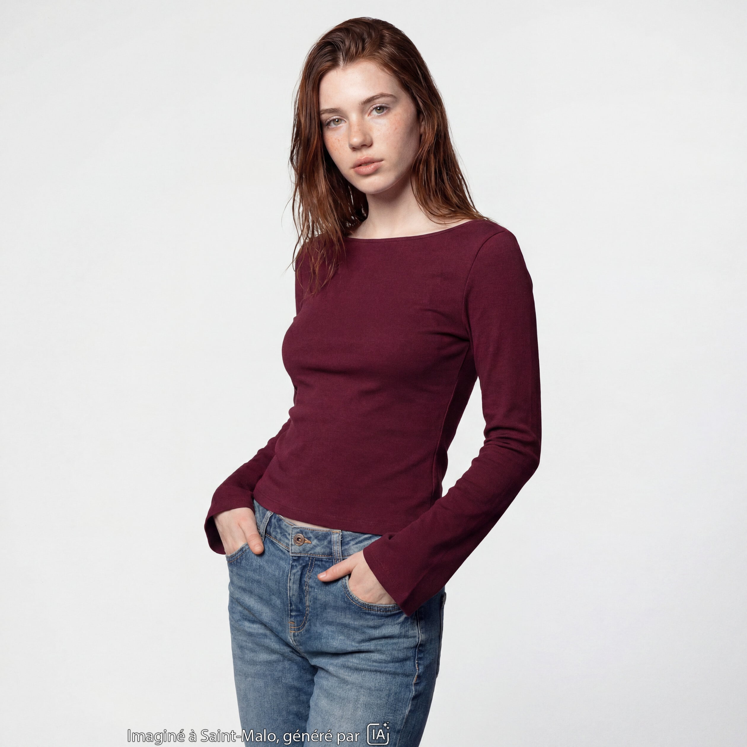 T-shirt cintr&eacute; col rond manches longues bordeaux