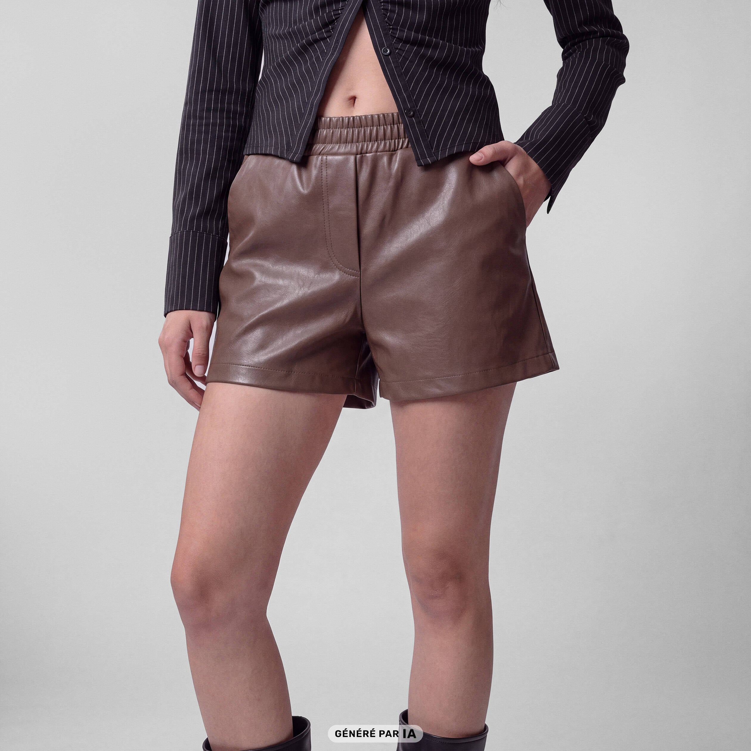 Short taille haute en similicuir taupe