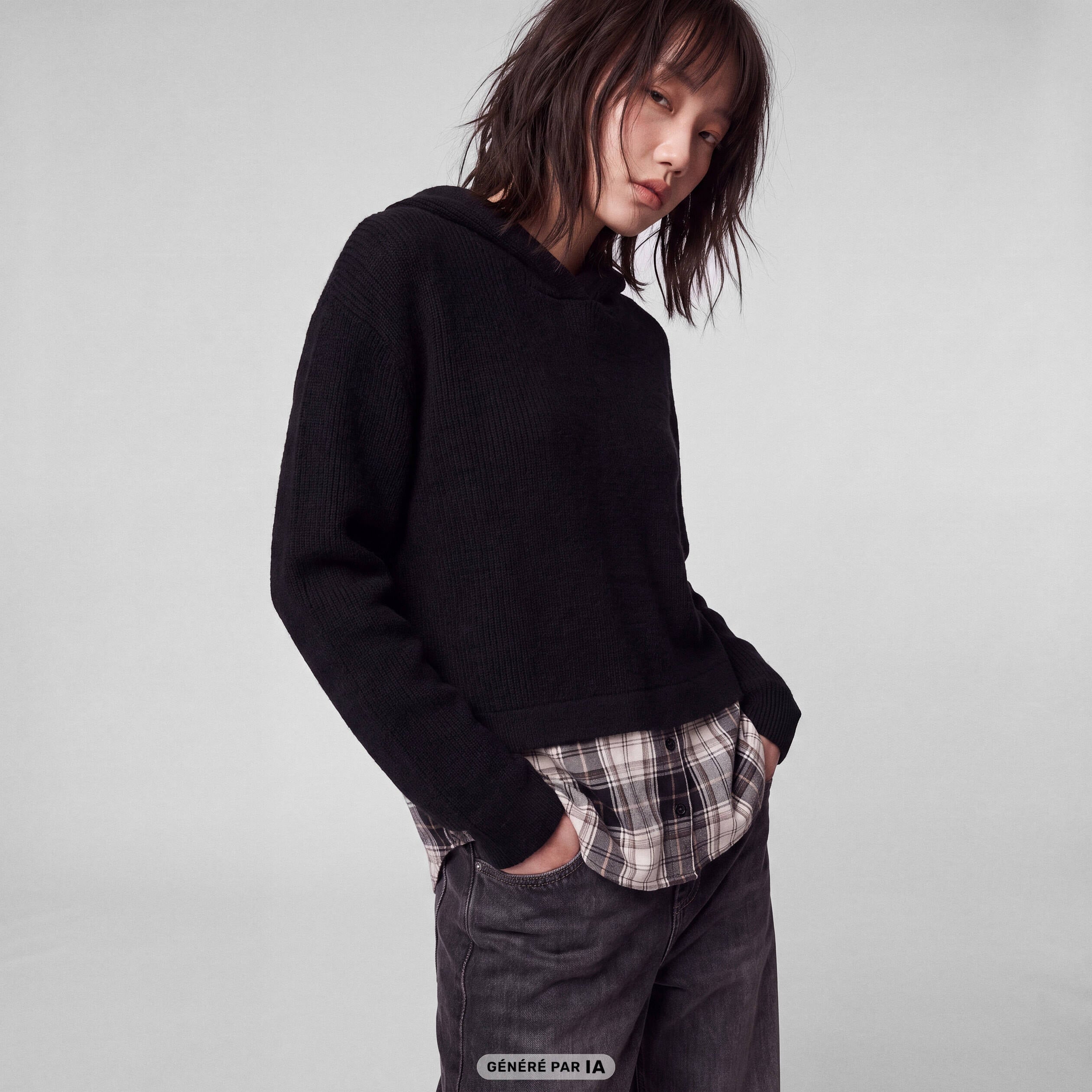 Pull bi-mati&egrave;re &agrave; capuche noir
