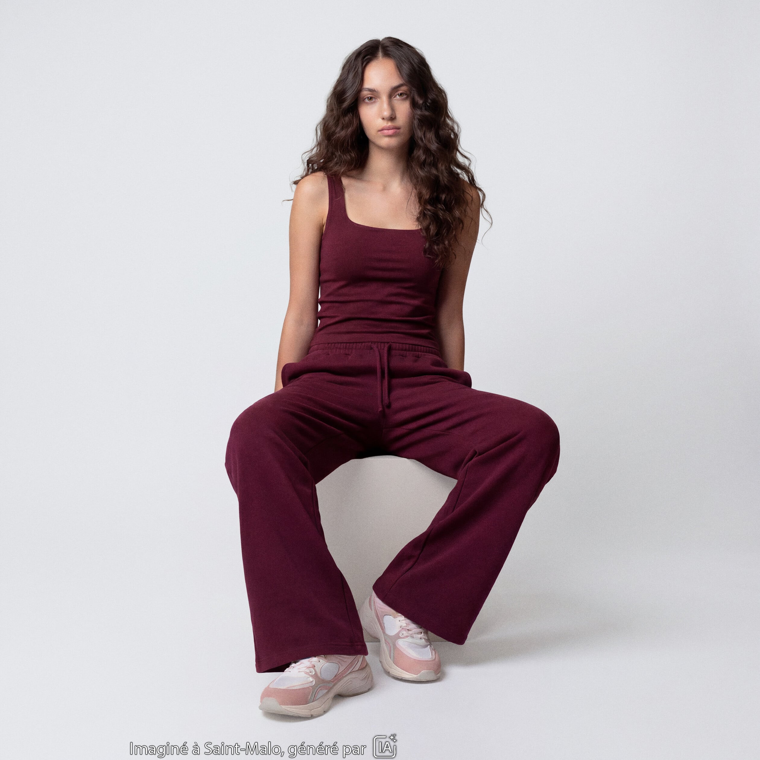 Jogging large en maille bordeaux