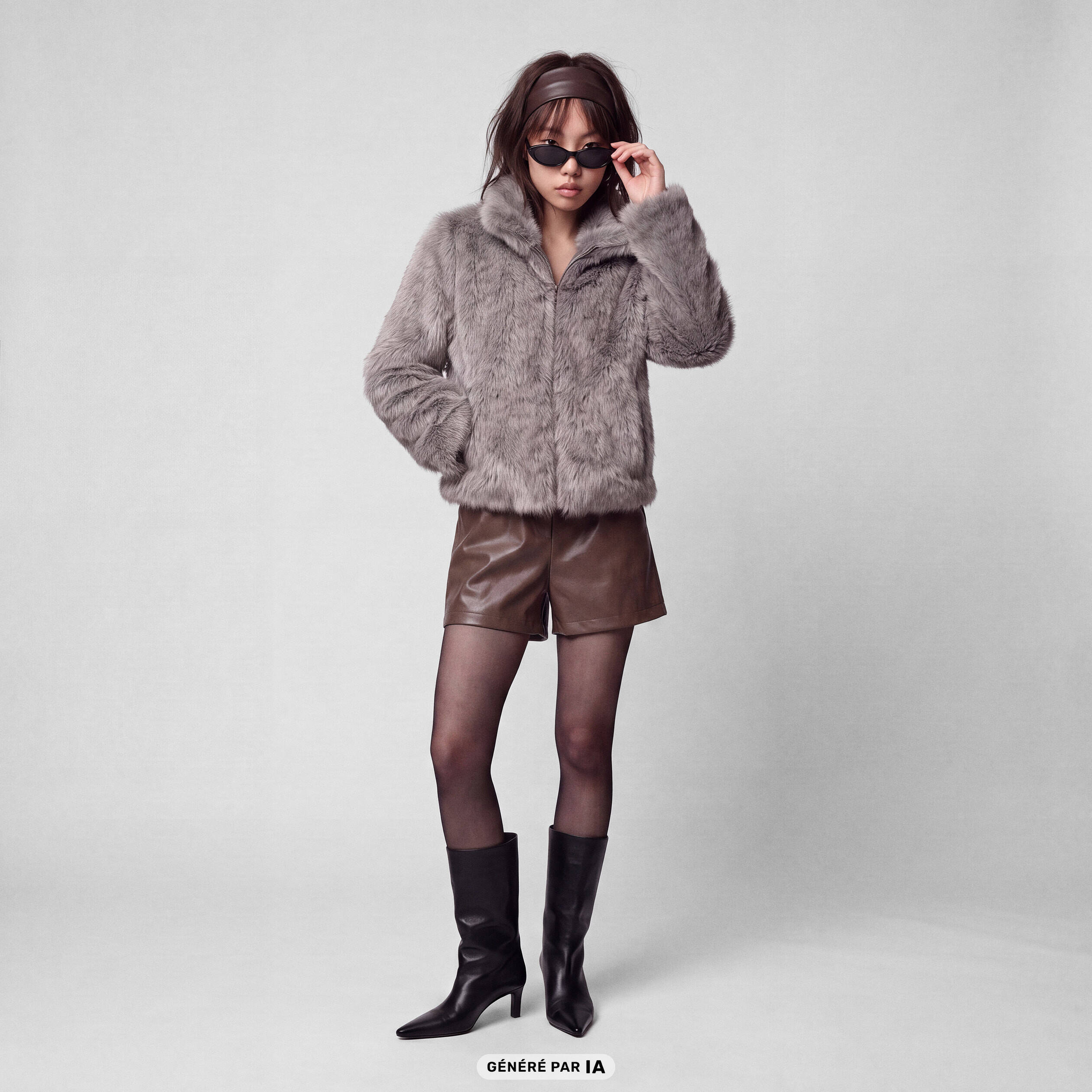 Manteau droit court fausse fourrure bleu gris