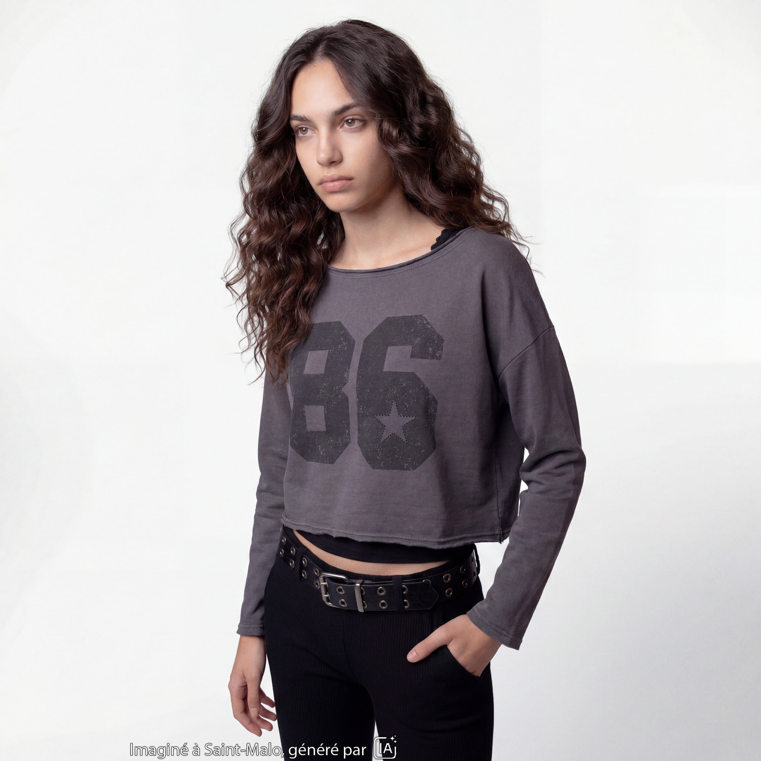 Sweat oversize cropped col bateau gris