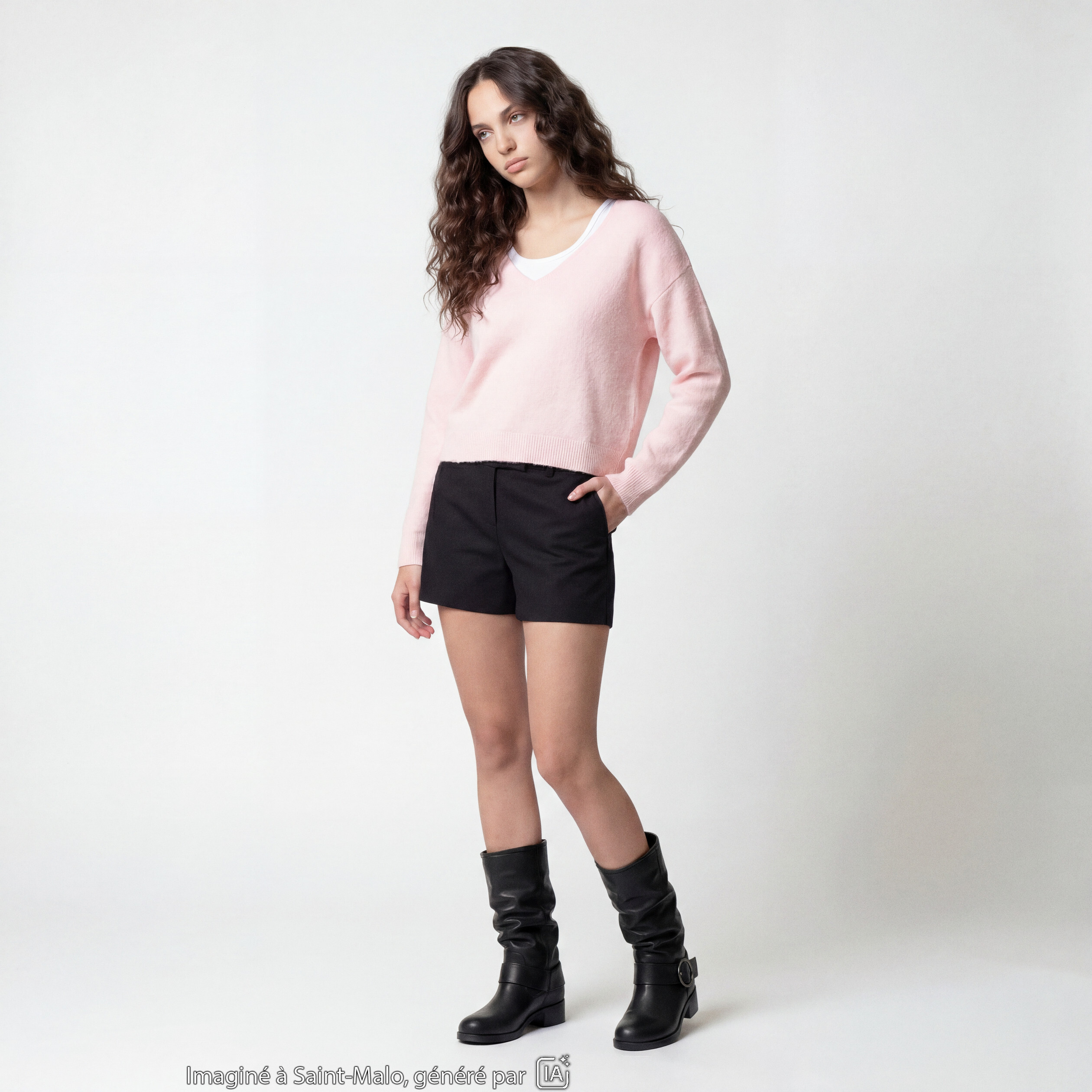 Pull col v manches longues rose clair