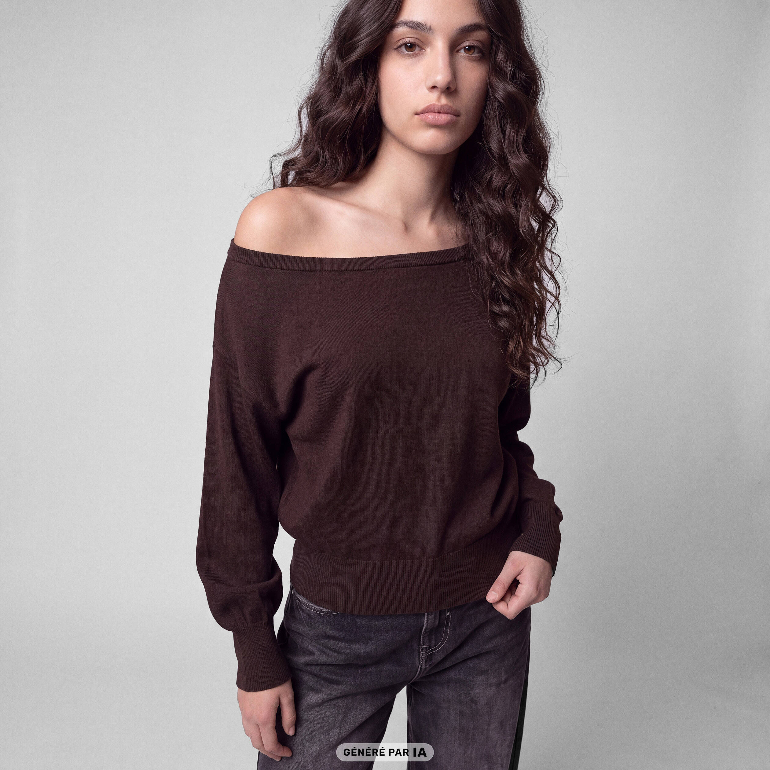 Pull oversize col bardot manches longues marron fonc&eacute;