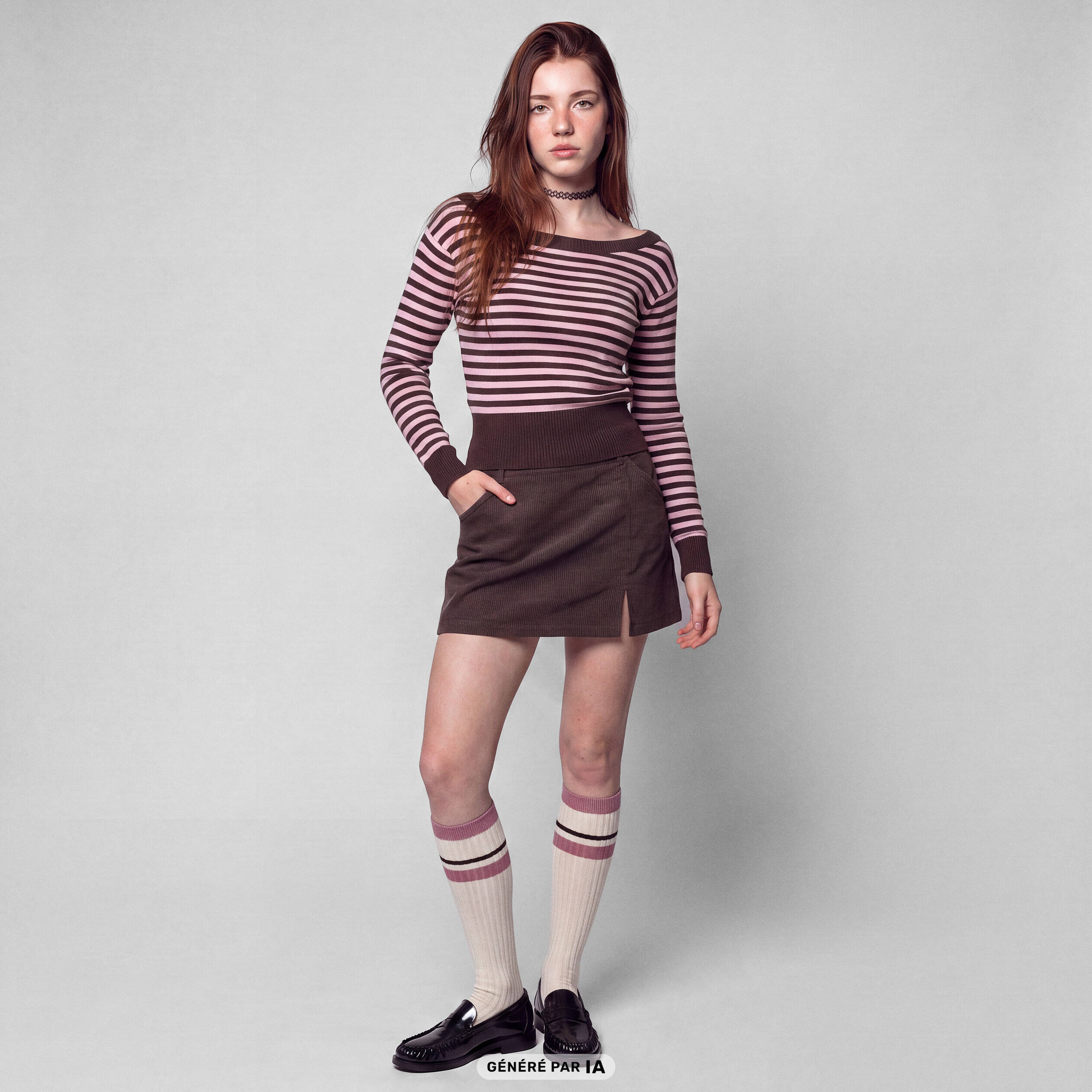 Pull col bateau manches longues marron fonc&eacute;