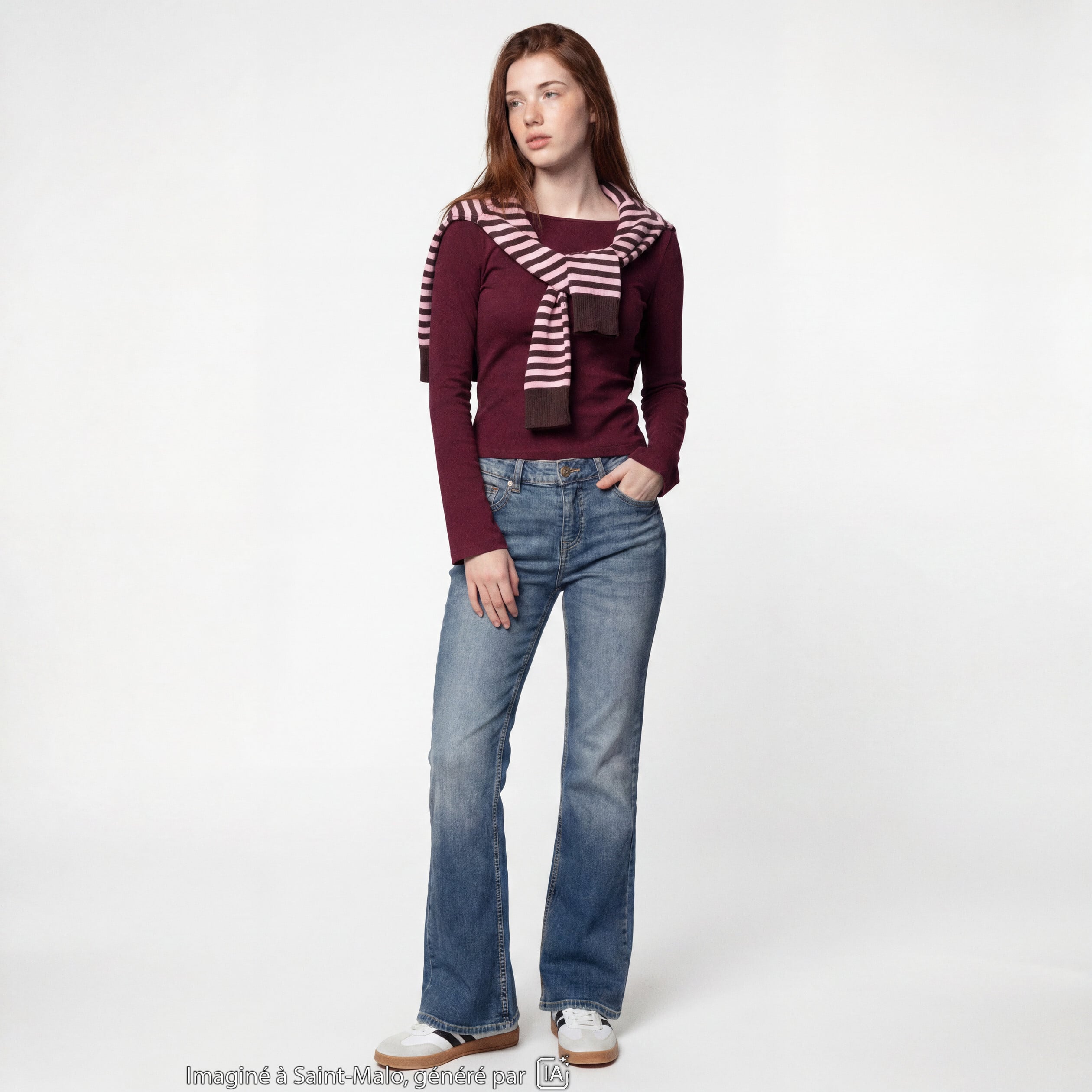 T-shirt cintr&eacute; col rond manches longues bordeaux