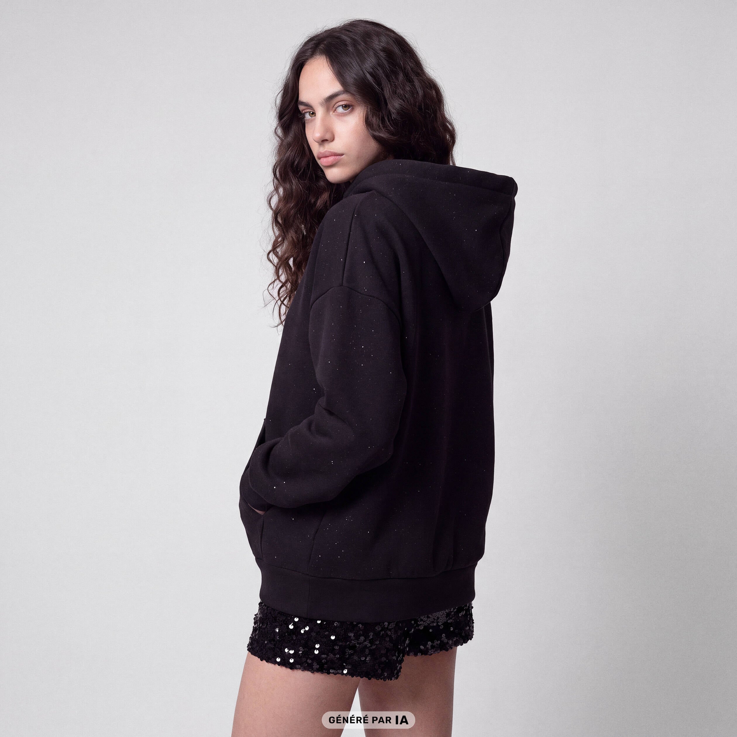 Sweat boyfriend brillant &agrave; capuche noir