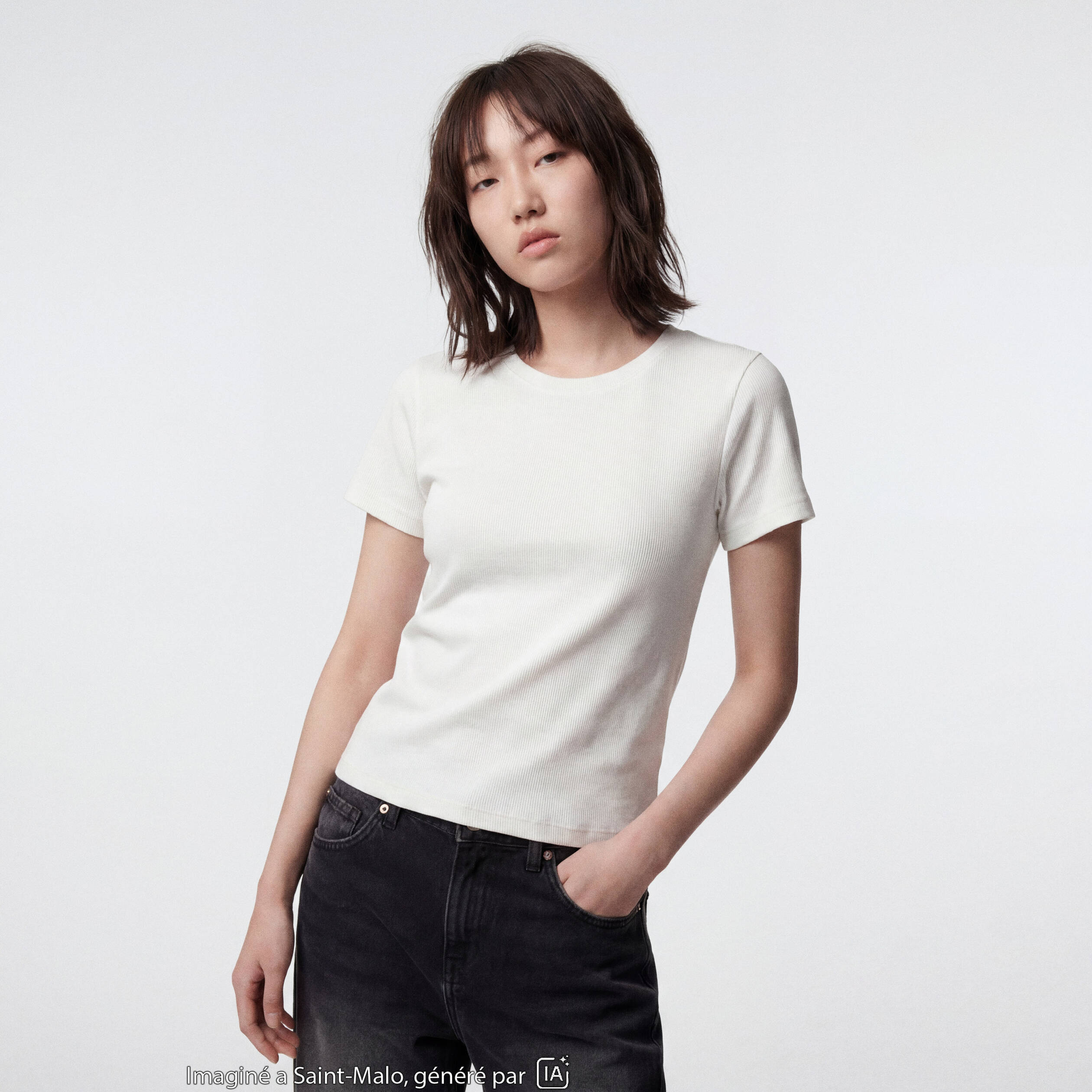T-shirt ajust&eacute; col rond manches courtes blanc ado