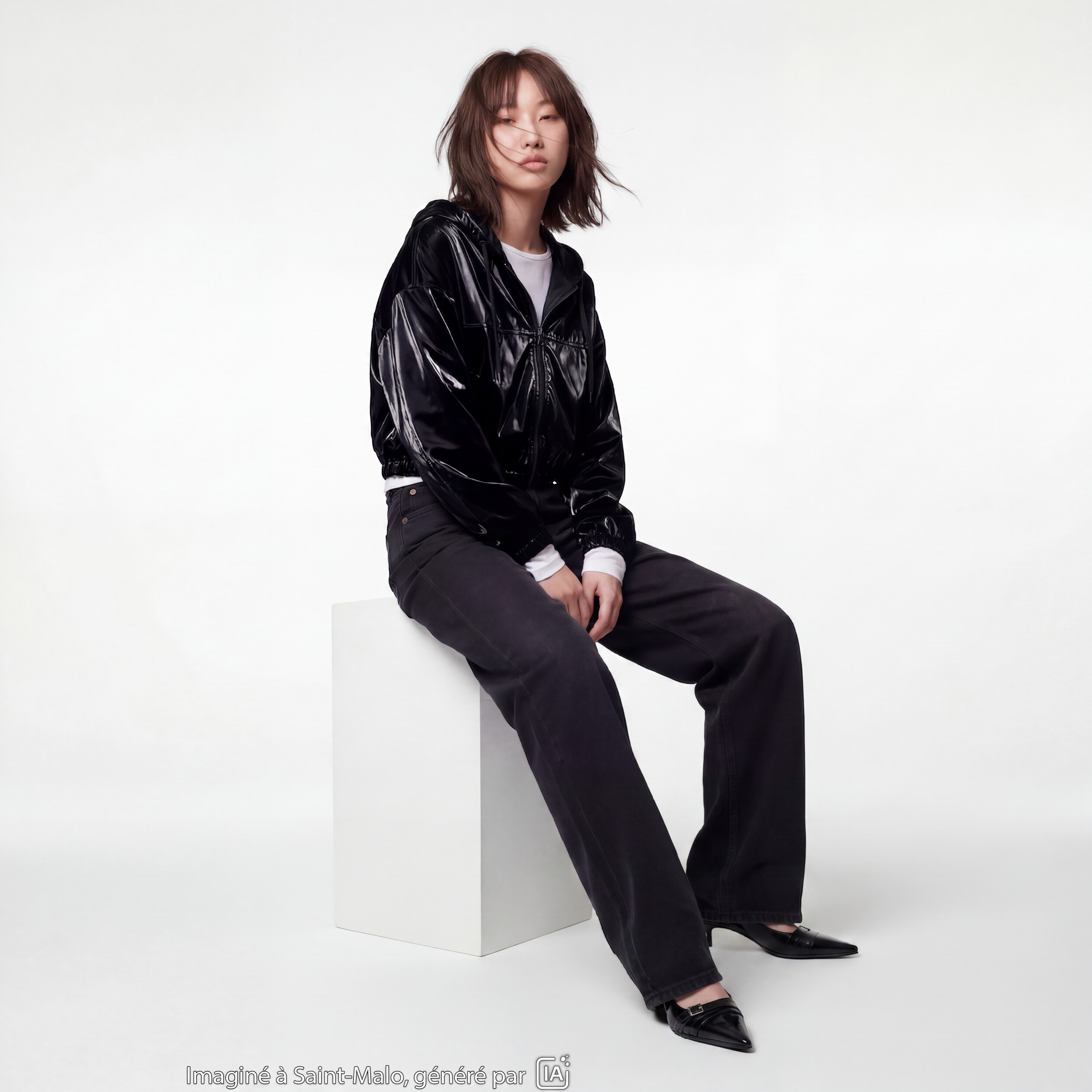 Blouson droit cropped &agrave; capuche velours noir
