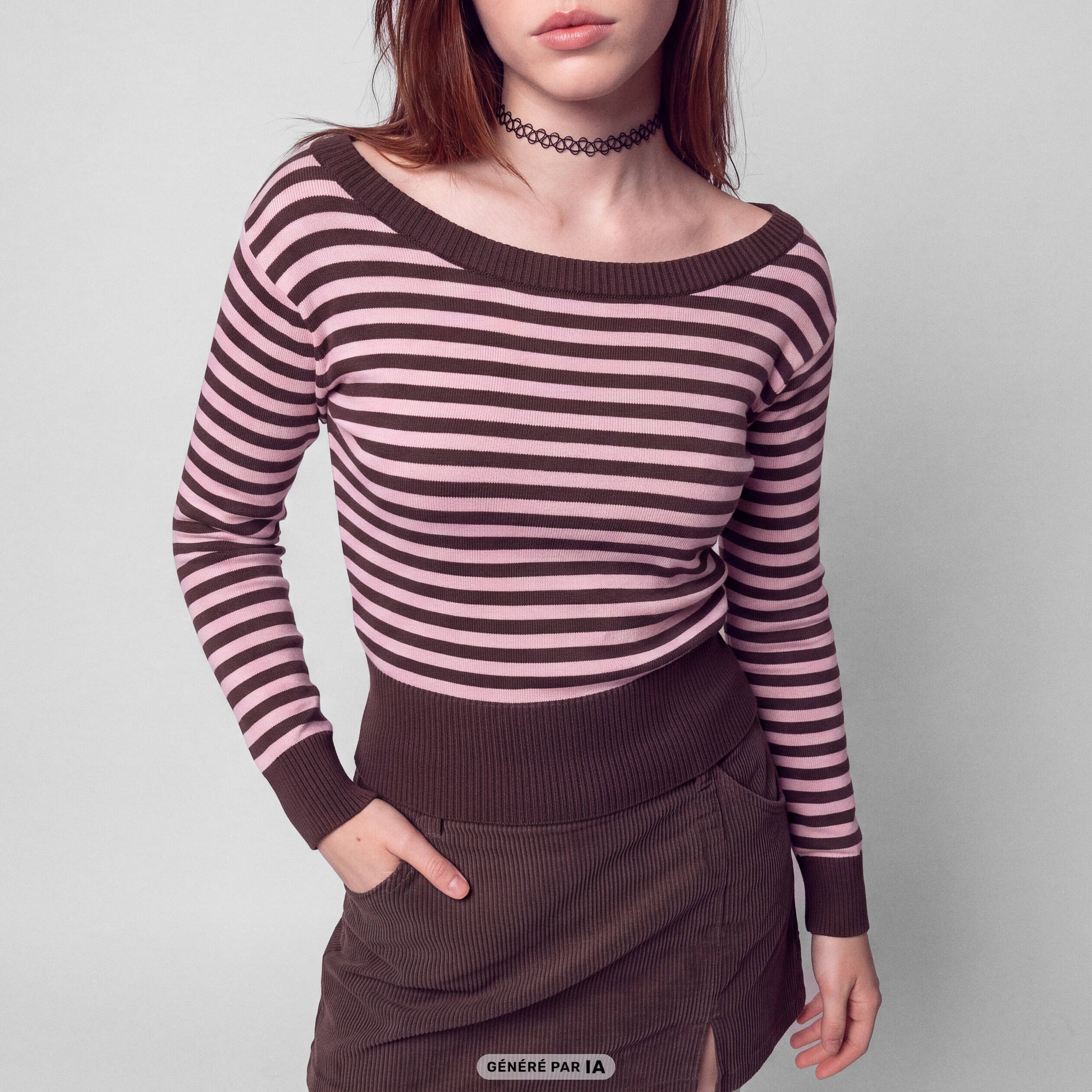 Pull col bateau manches longues marron fonc&eacute;