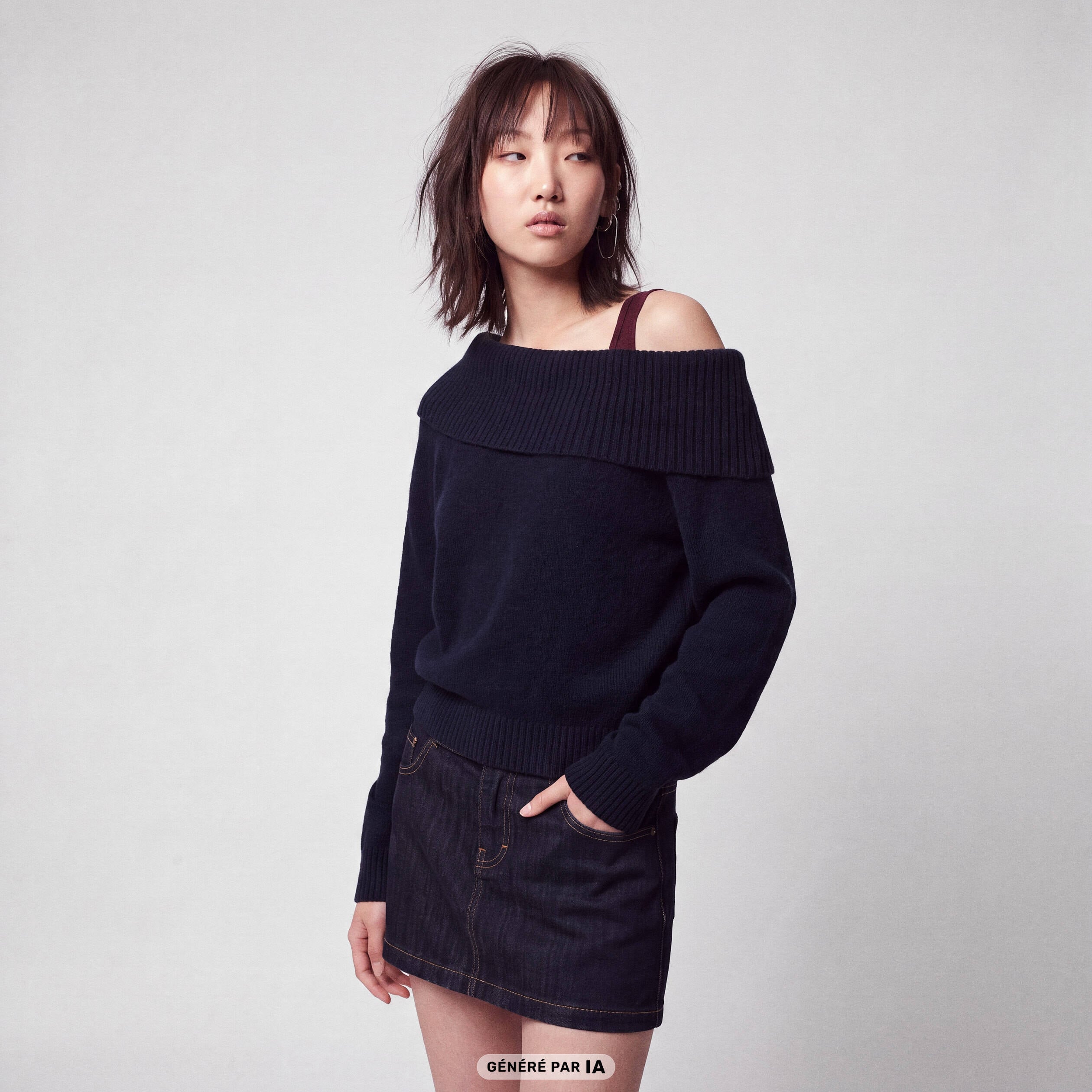 Pull col bardot manches longues bleu marine