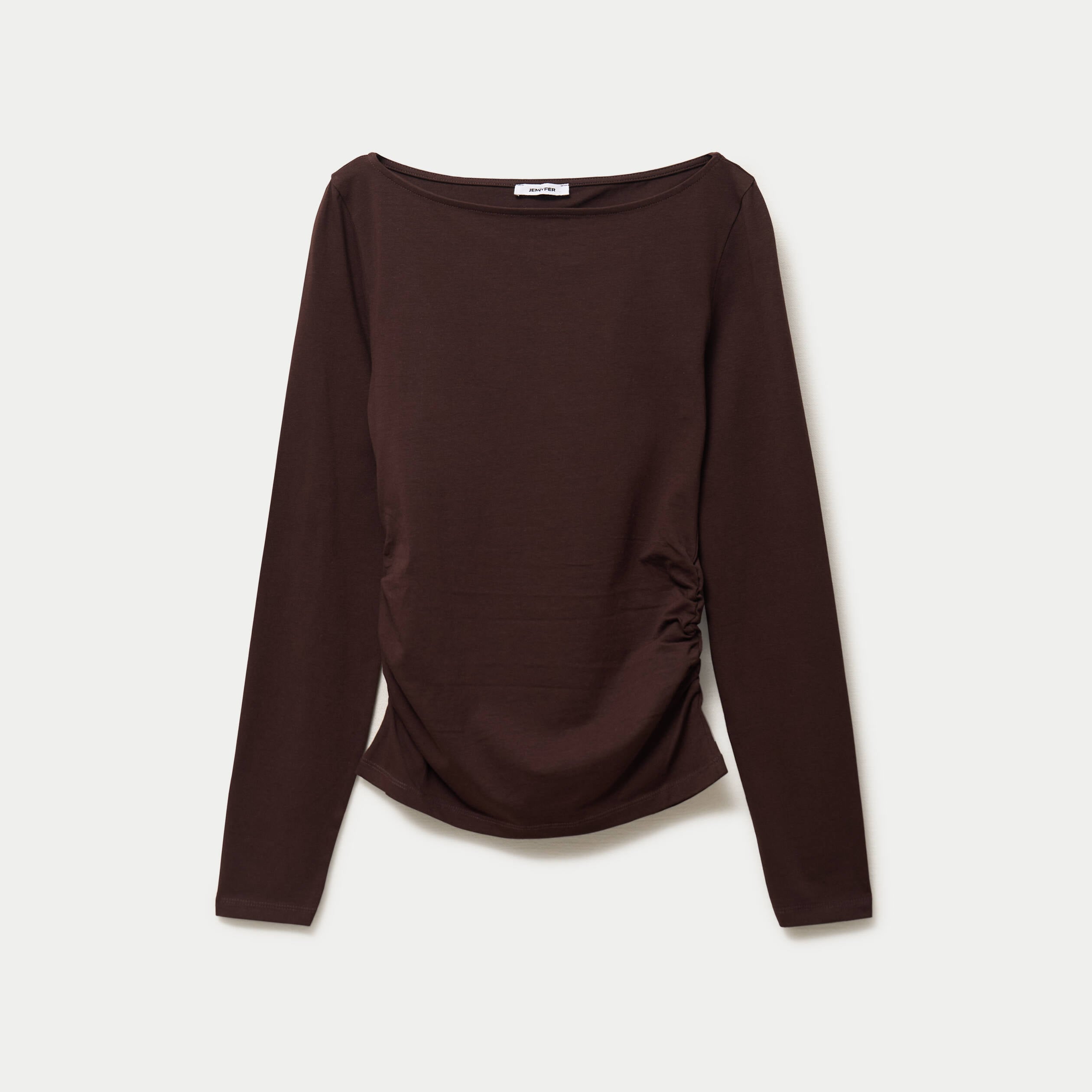 Haut droit col bateau manches longues marron fonc&eacute;