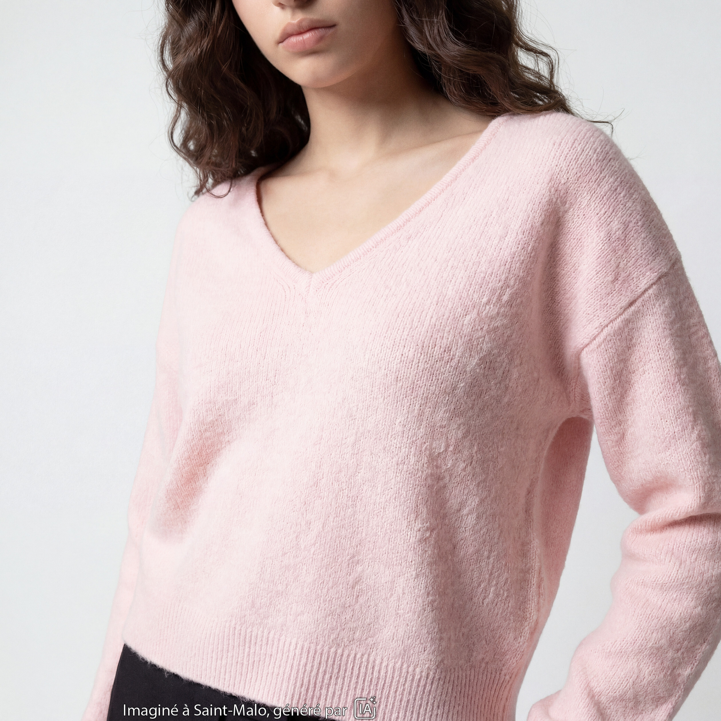 Pull col v manches longues rose clair