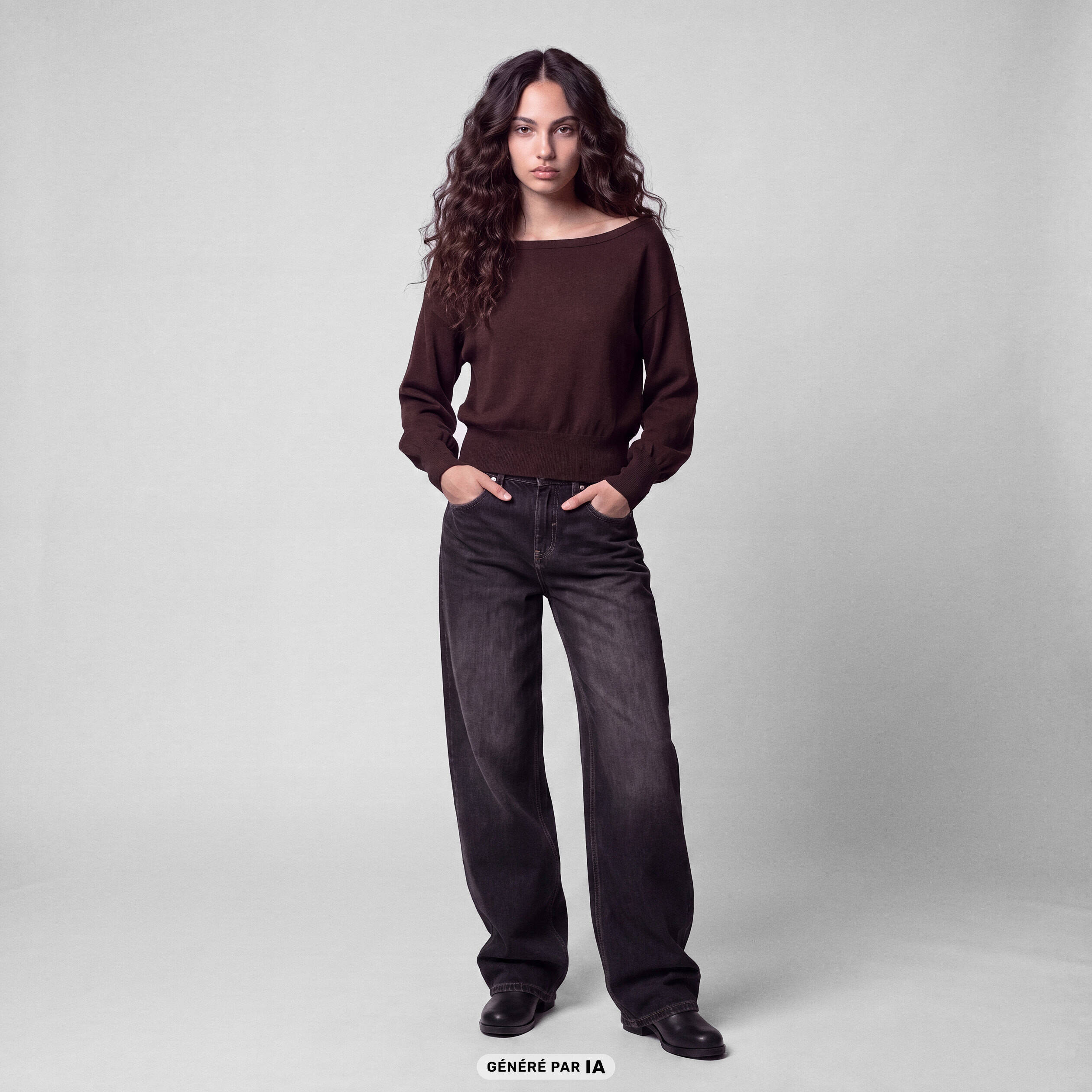 Pull oversize col bardot manches longues marron fonc&eacute;