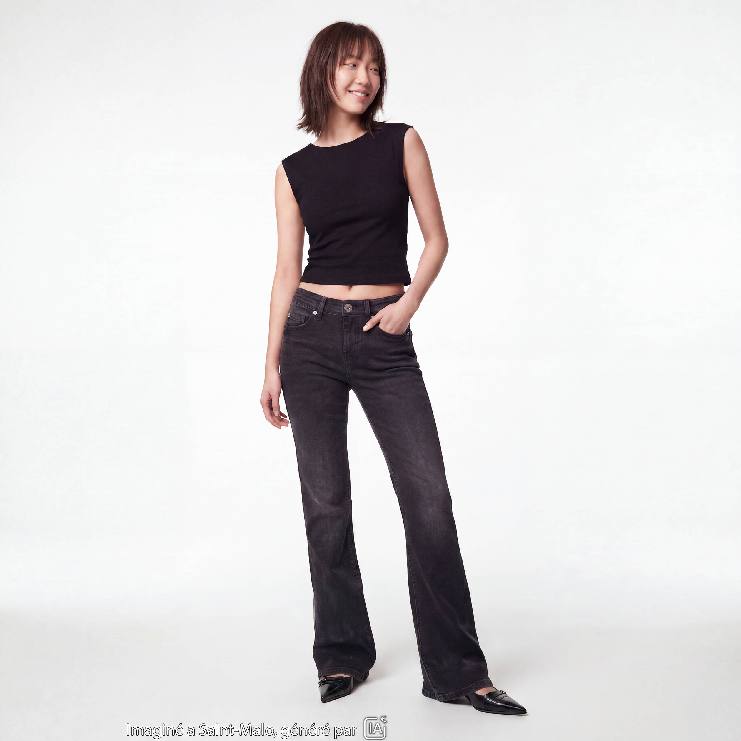 Jean bootcut taille basse denim noir ado