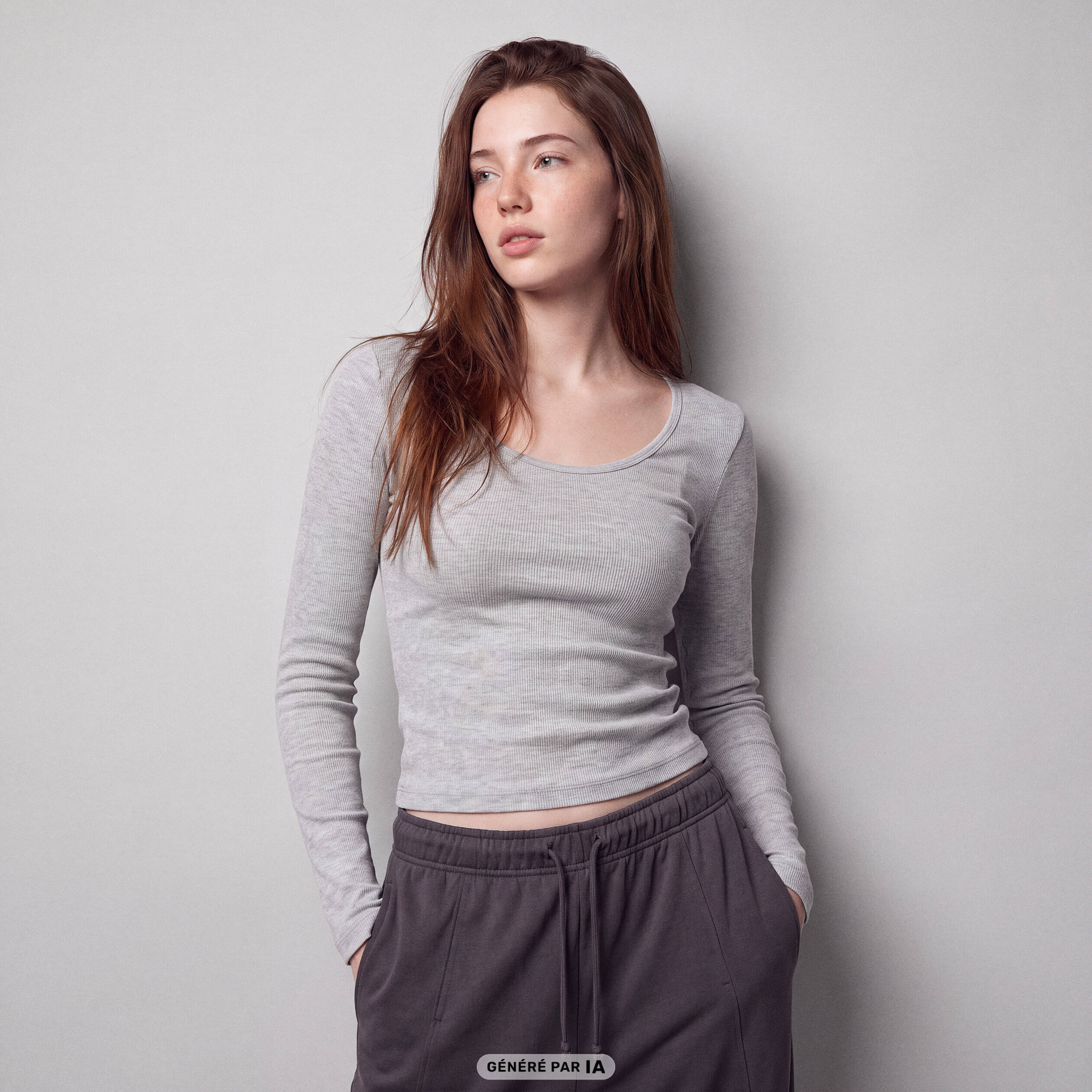T-shirt ajust&eacute; col rond manches longues gris clair