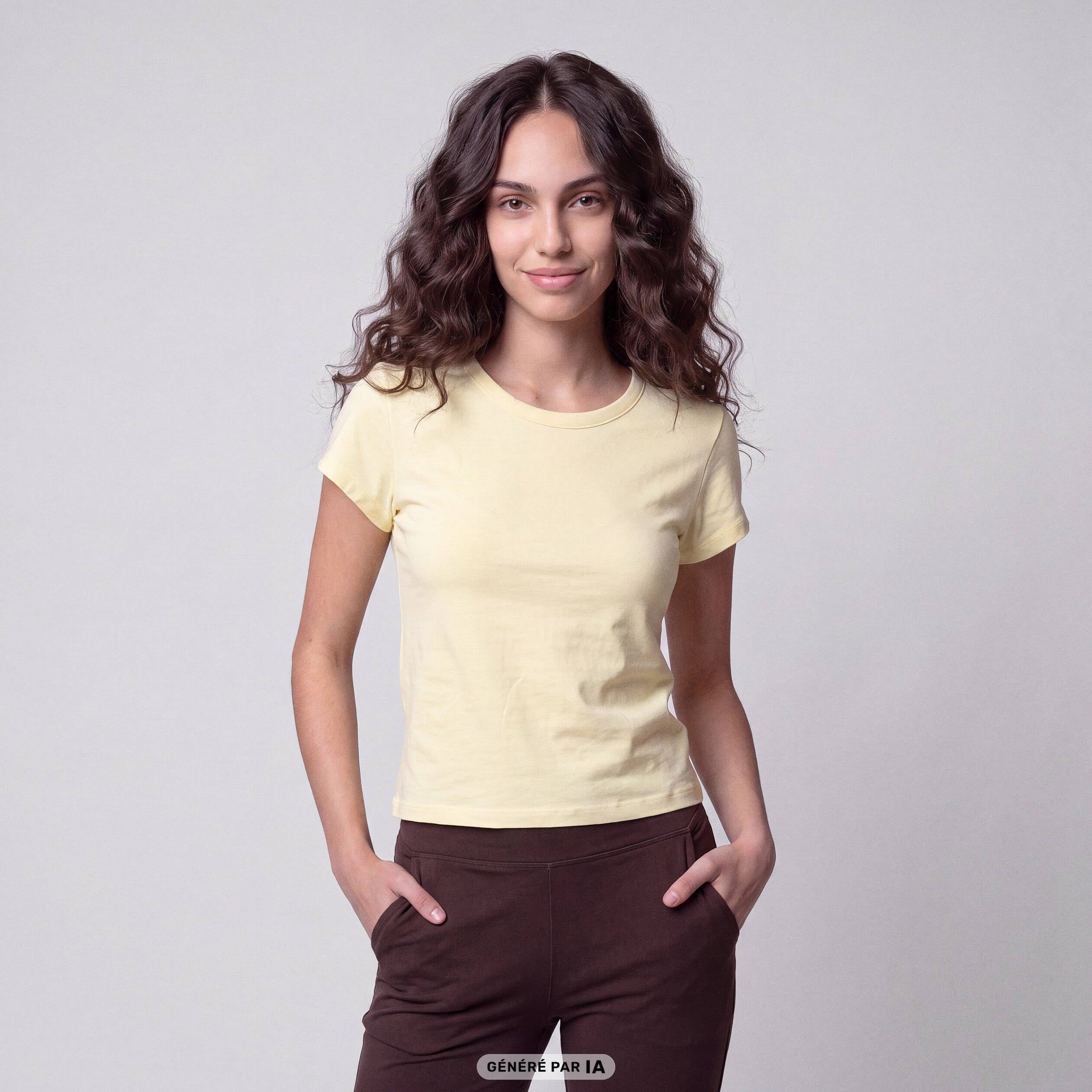 T-shirt ajust&eacute; col rond manches courtes jaune clair