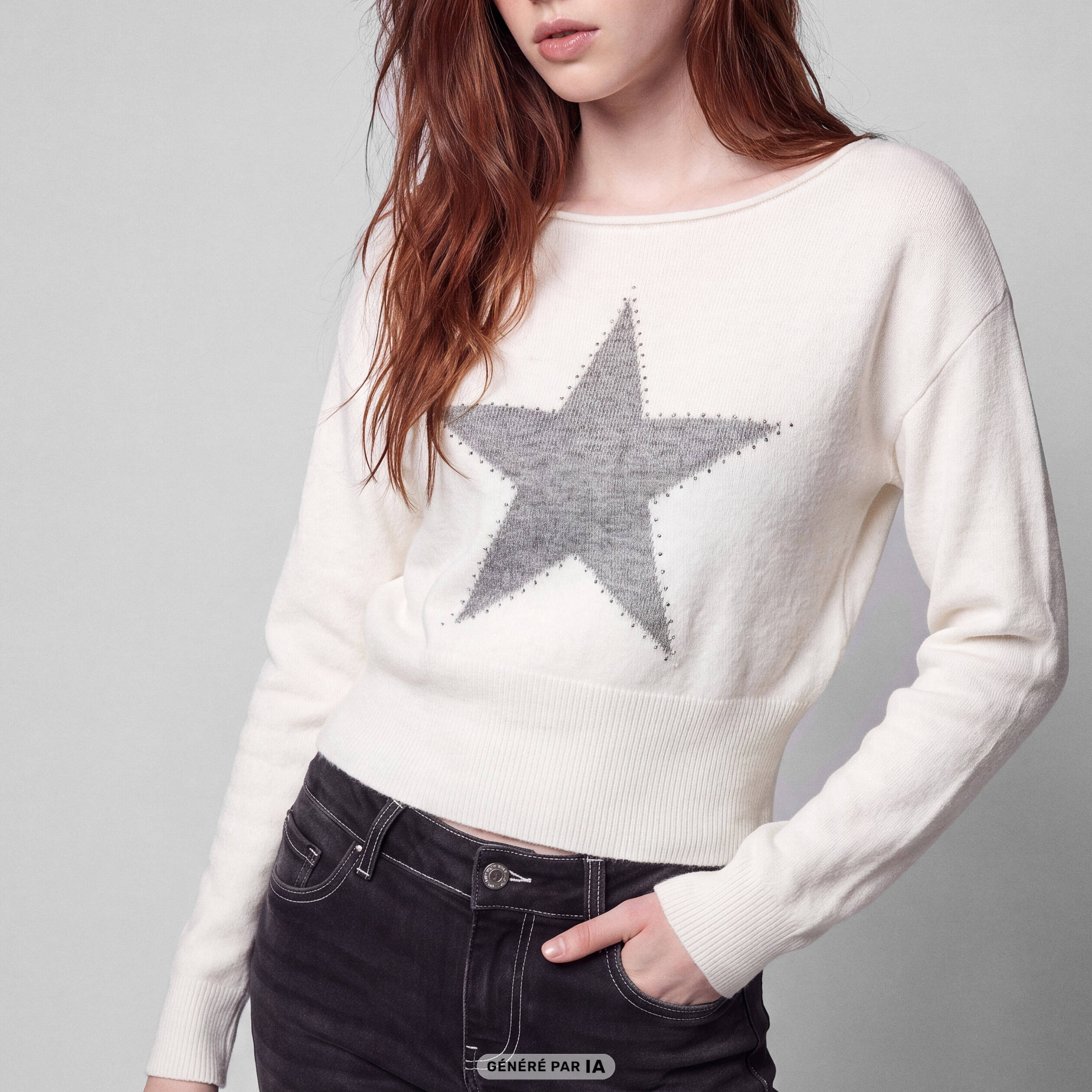 Pull col bateau manches longues strass ecru