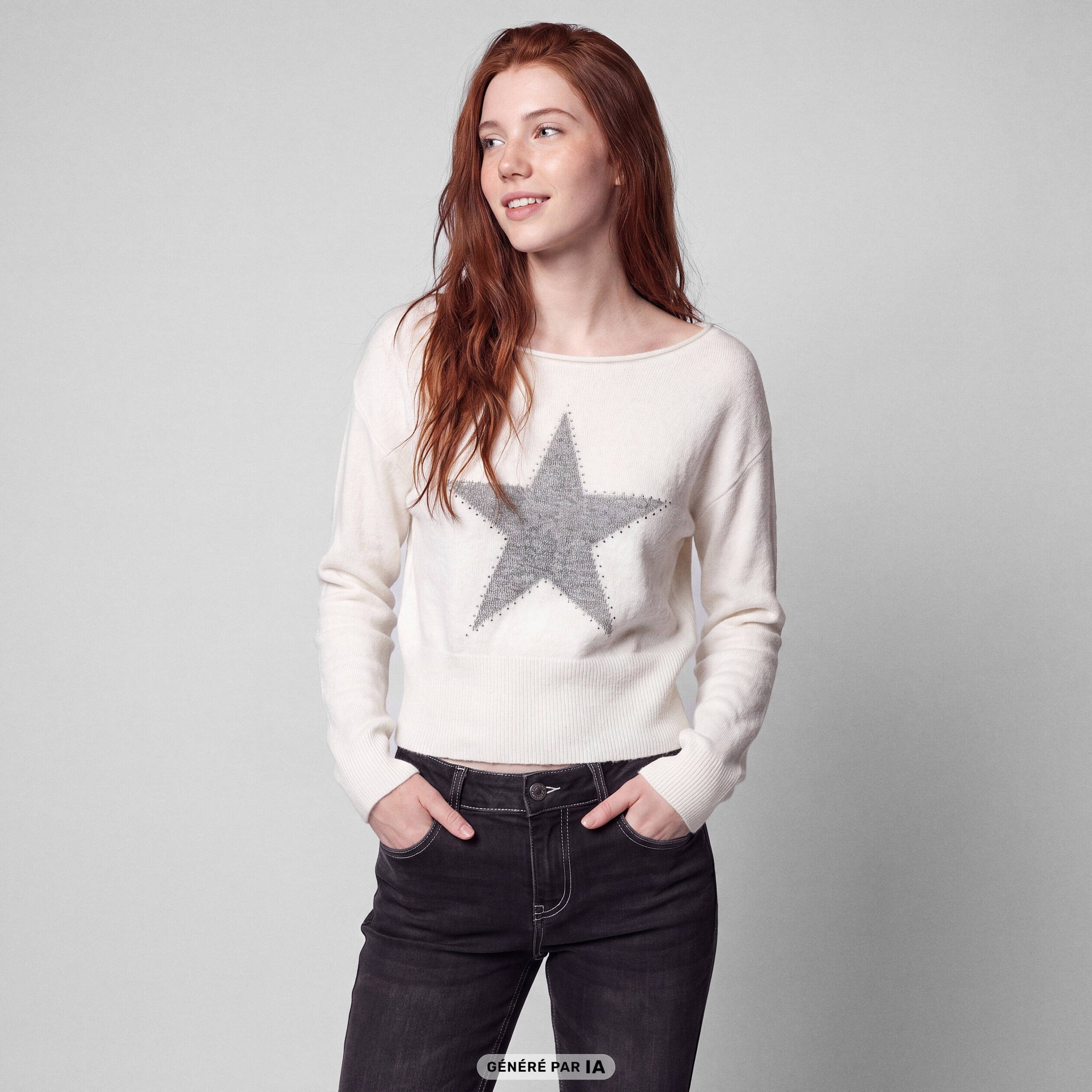 Pull col bateau manches longues strass ecru