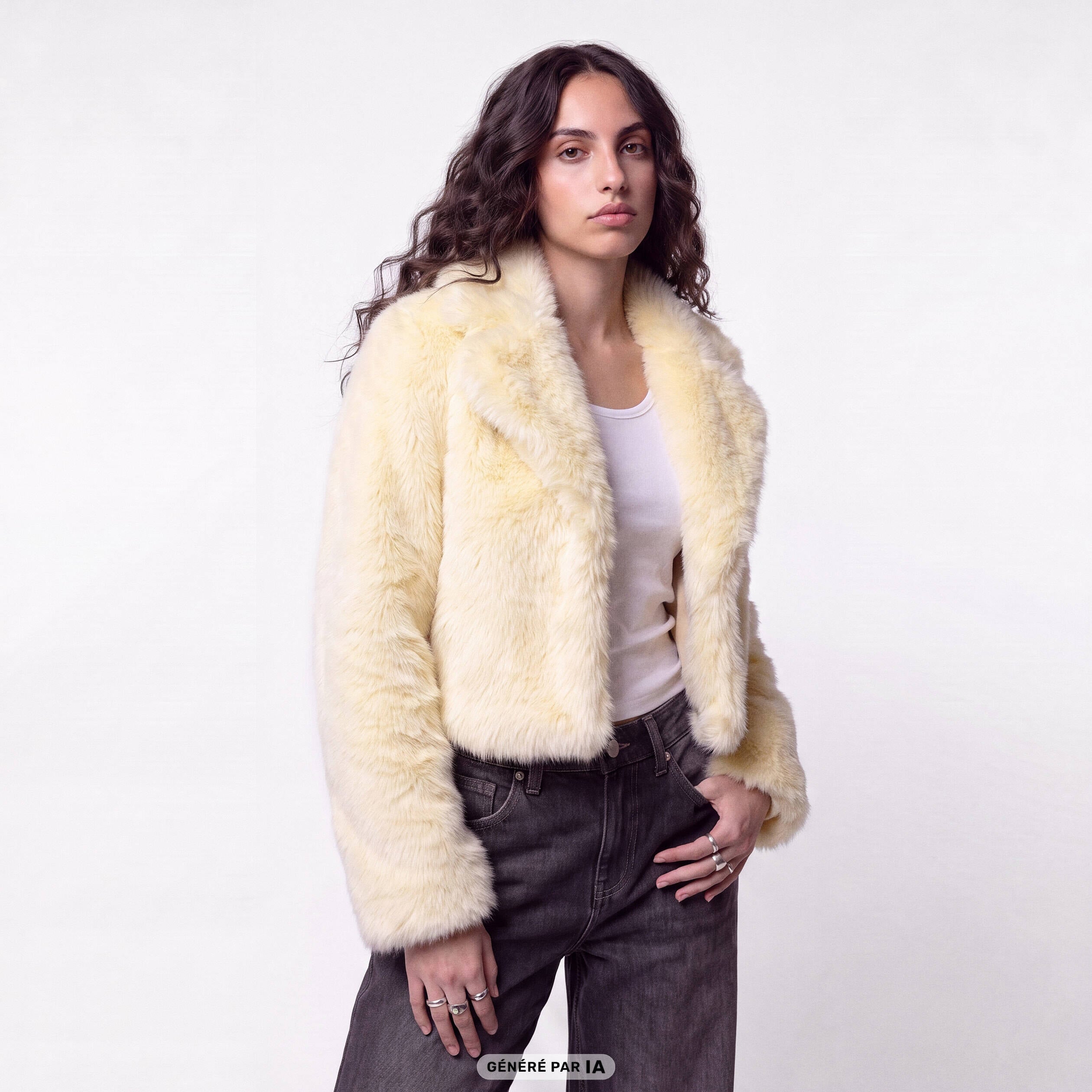 Manteau droit cropped fausse fourrure jaune clair