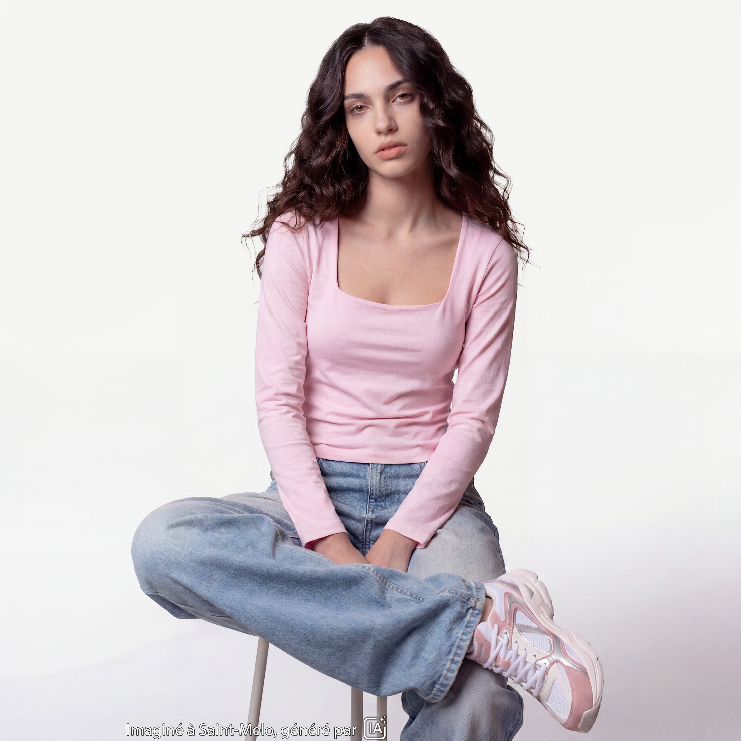 T-shirt ajust&eacute; d&eacute;collet&eacute; manches longues rose clair