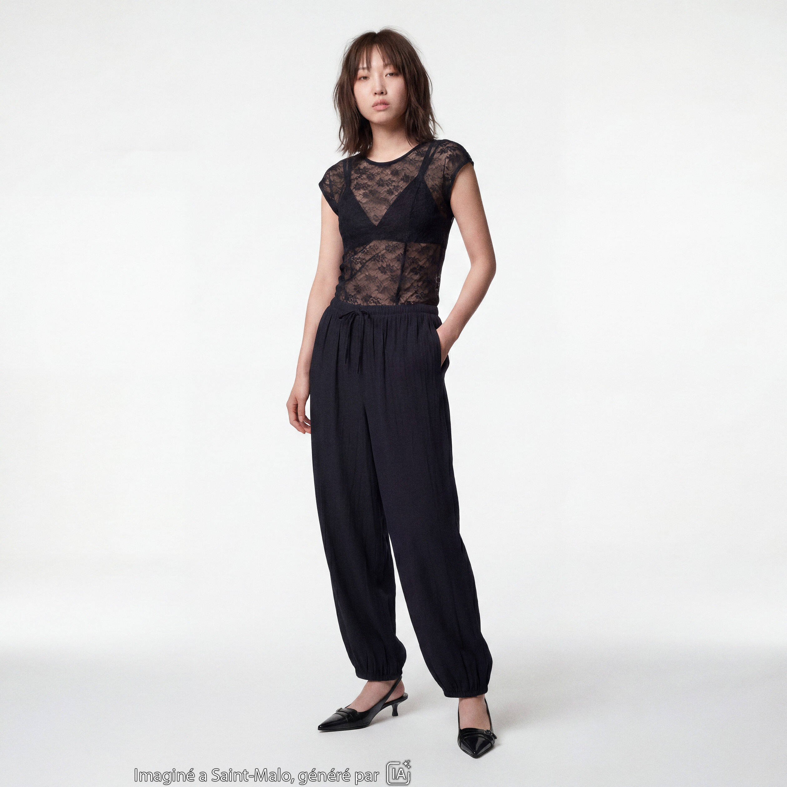 Pantalon large en cr&ecirc;pe taille standard noir ado