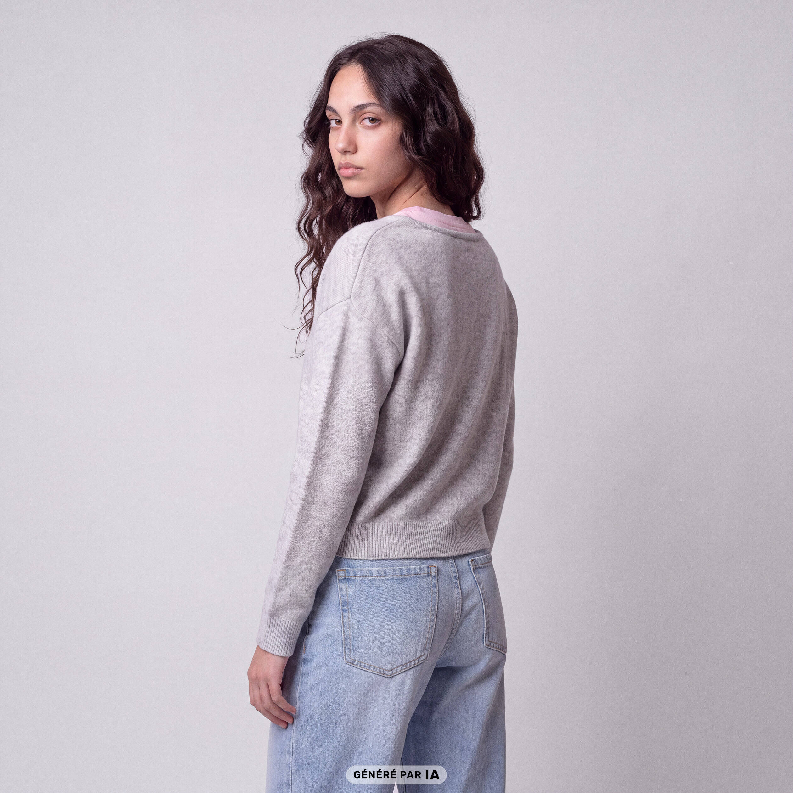 Pull col v manches longues gris clair