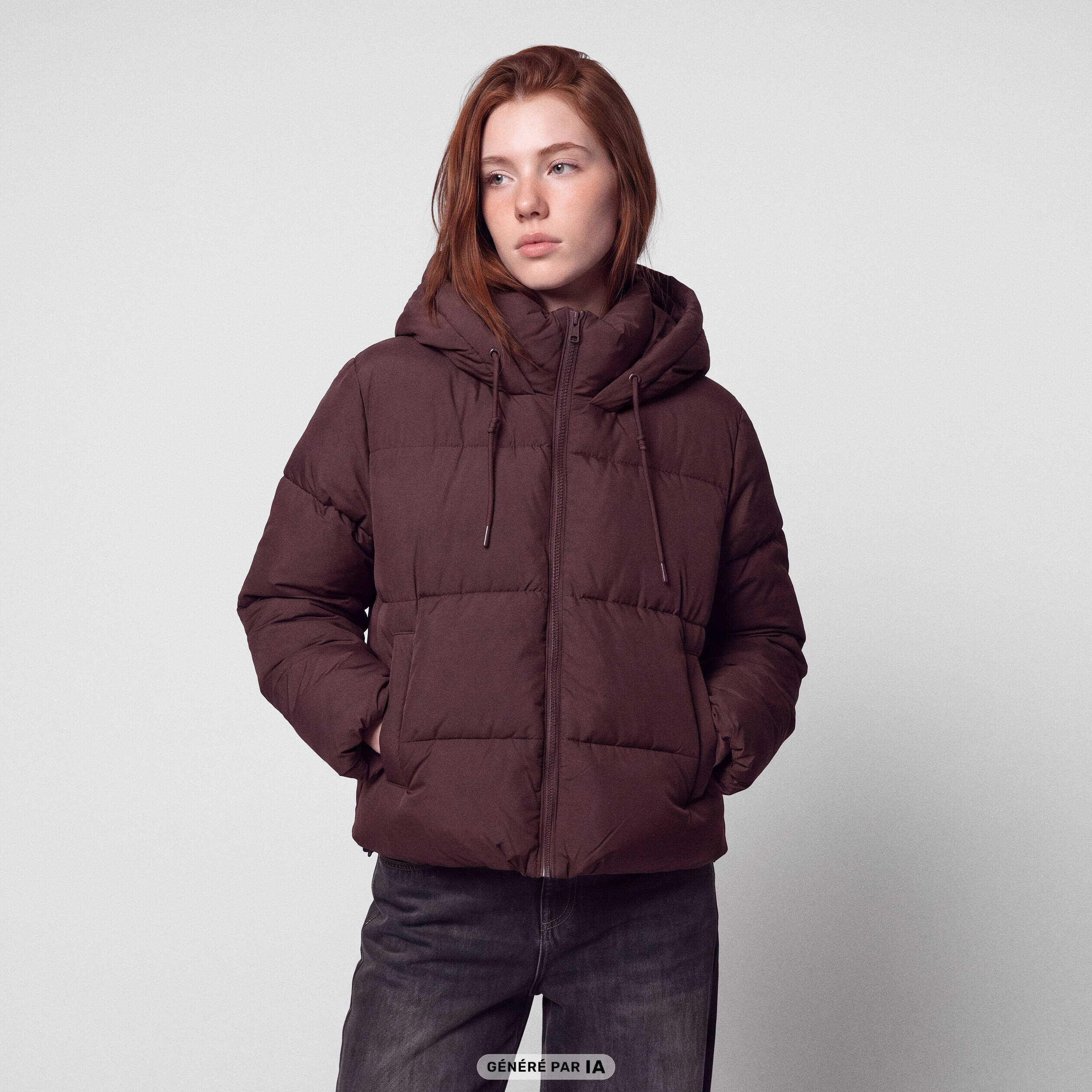 Doudoune droite courte &agrave; capuche marron fonc&eacute;
