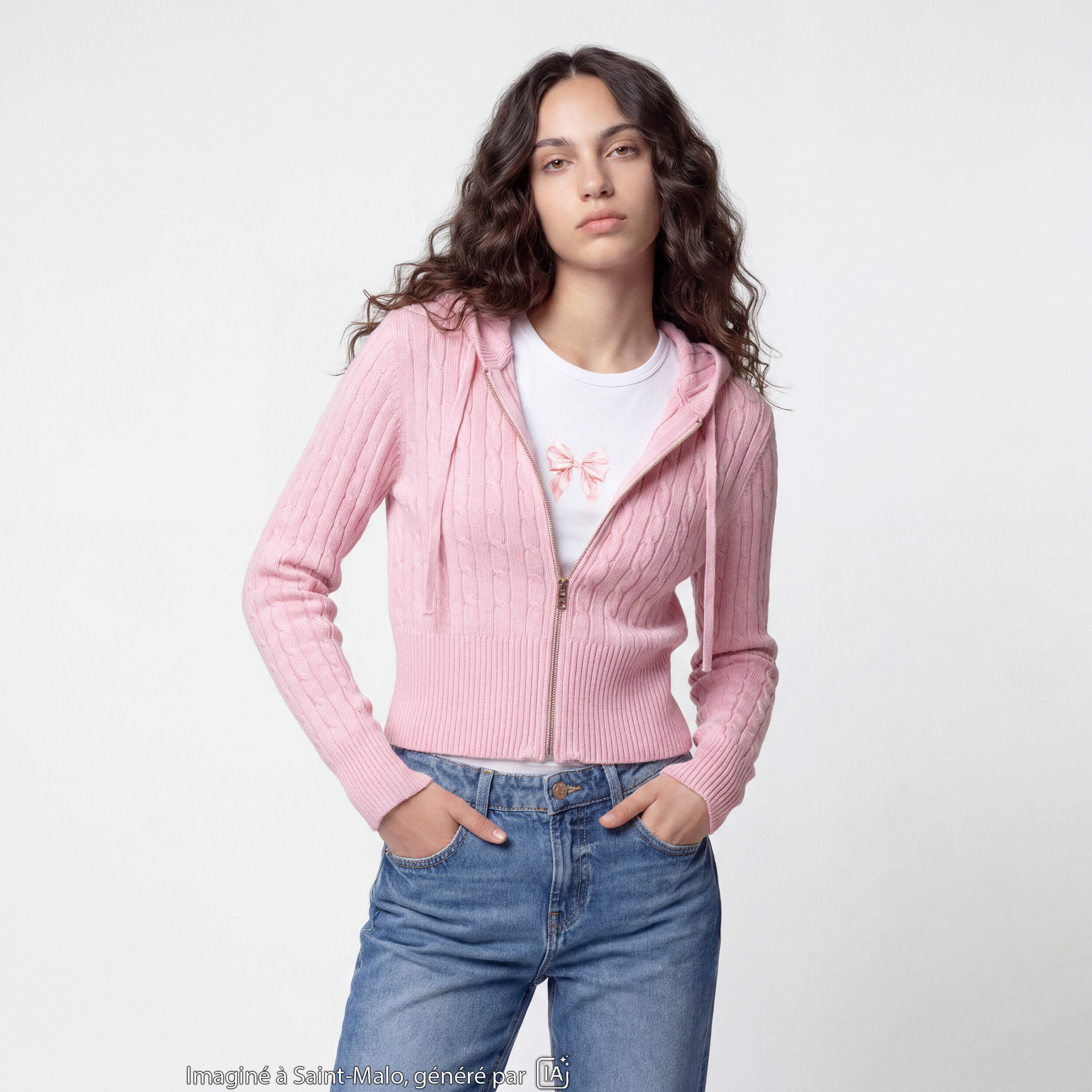 Gilet &agrave; capuche manches longues rose