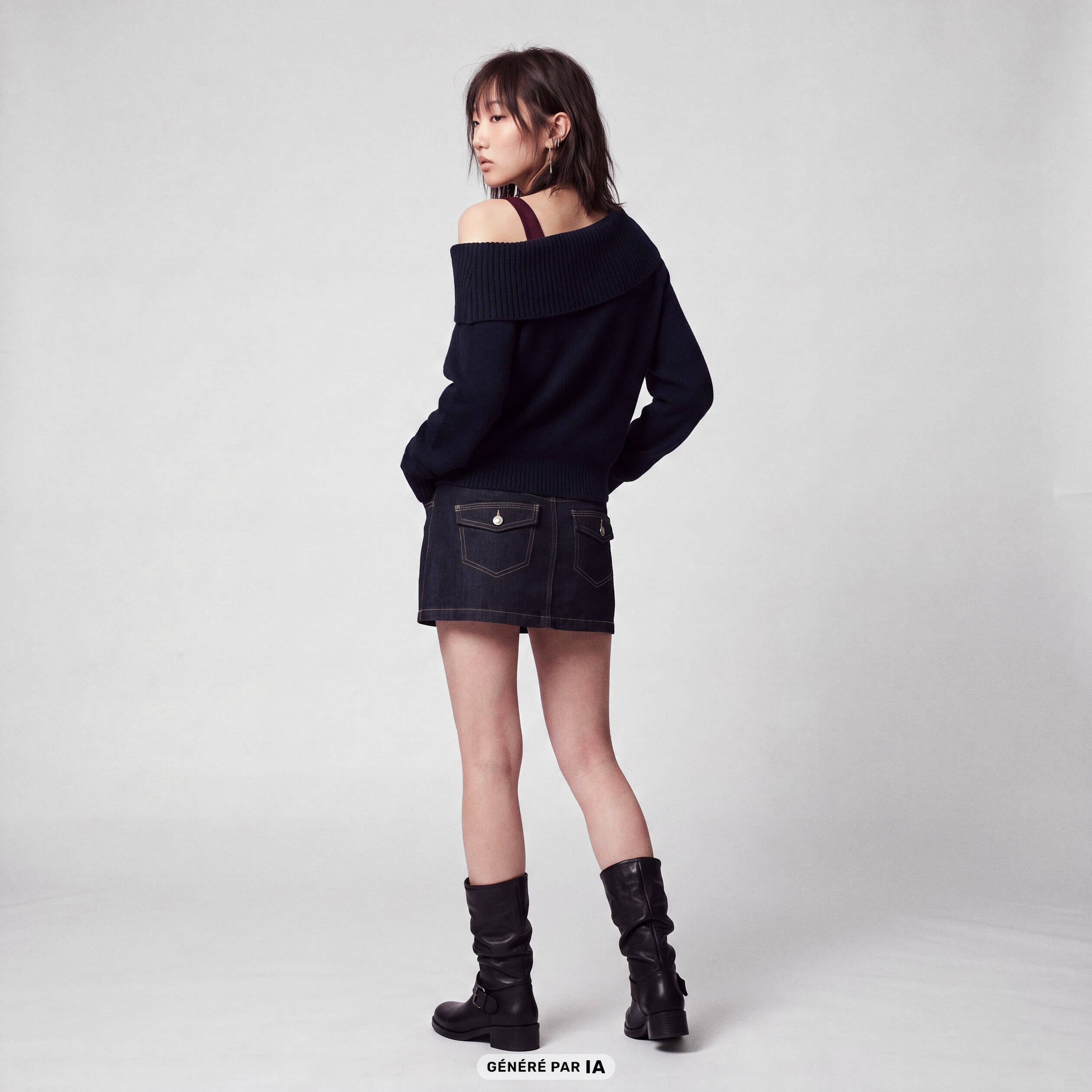 Pull col bardot manches longues bleu marine