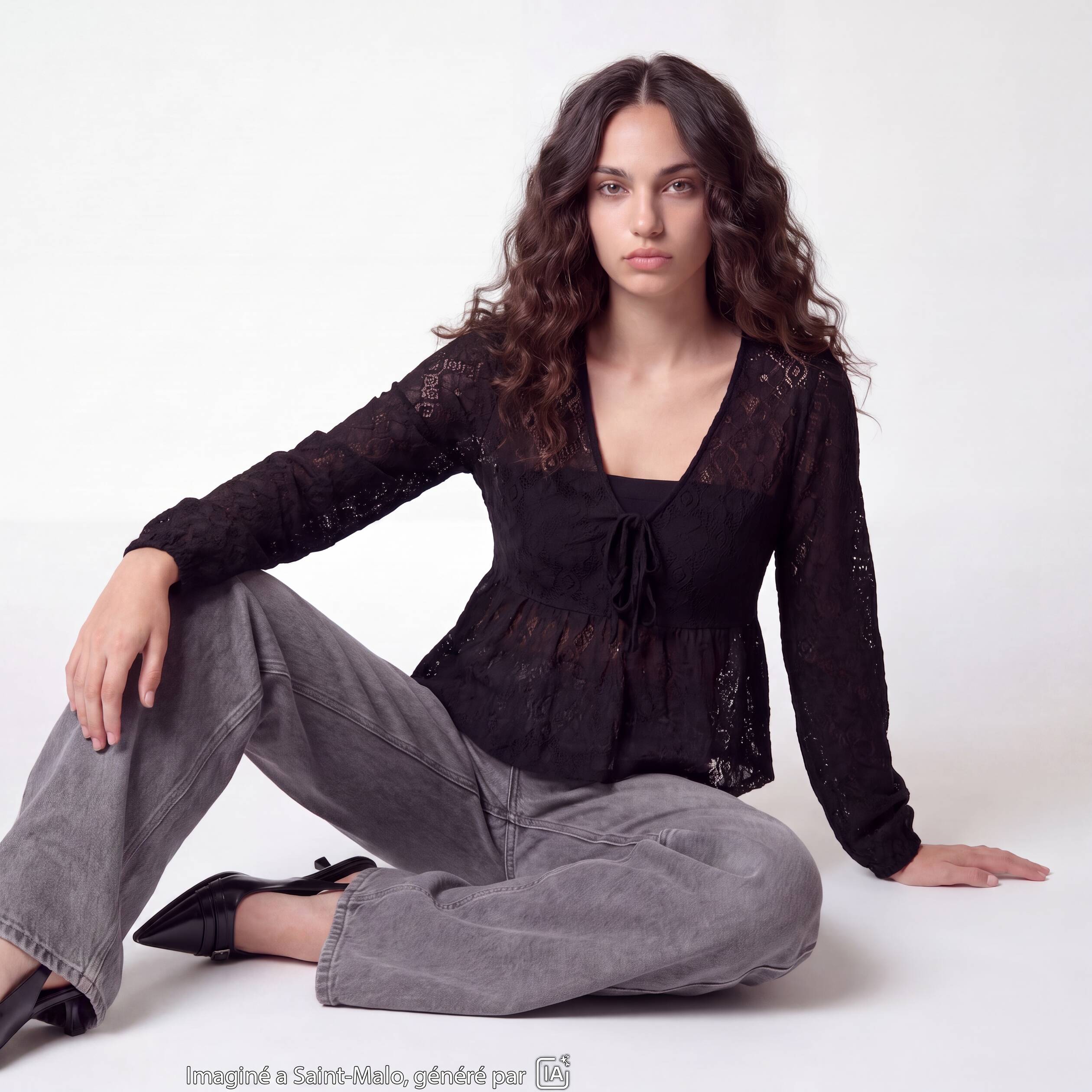 Chemise cintr&eacute;e dentelle col rond noir ado