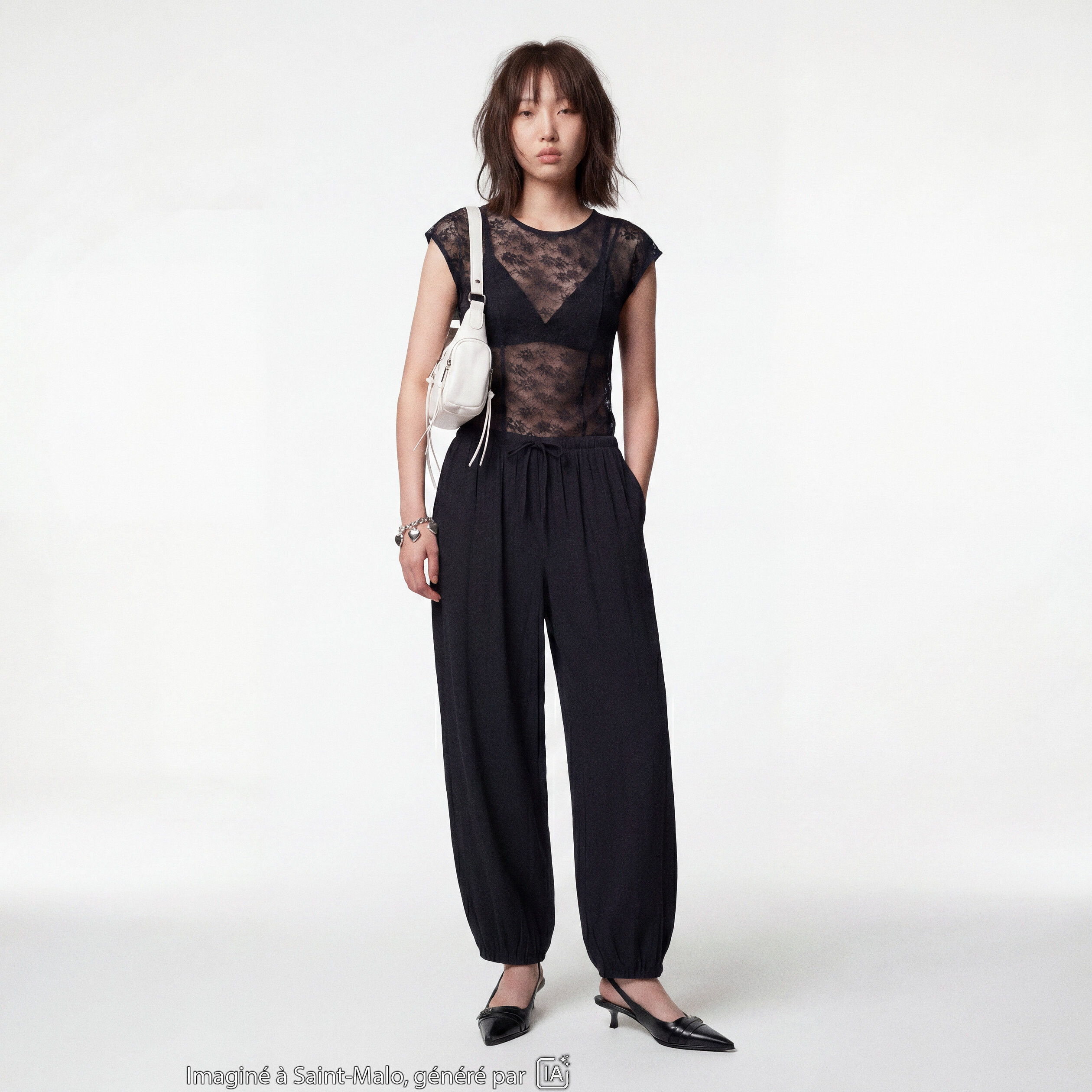 Pantalon large en cr&ecirc;pe taille standard noir