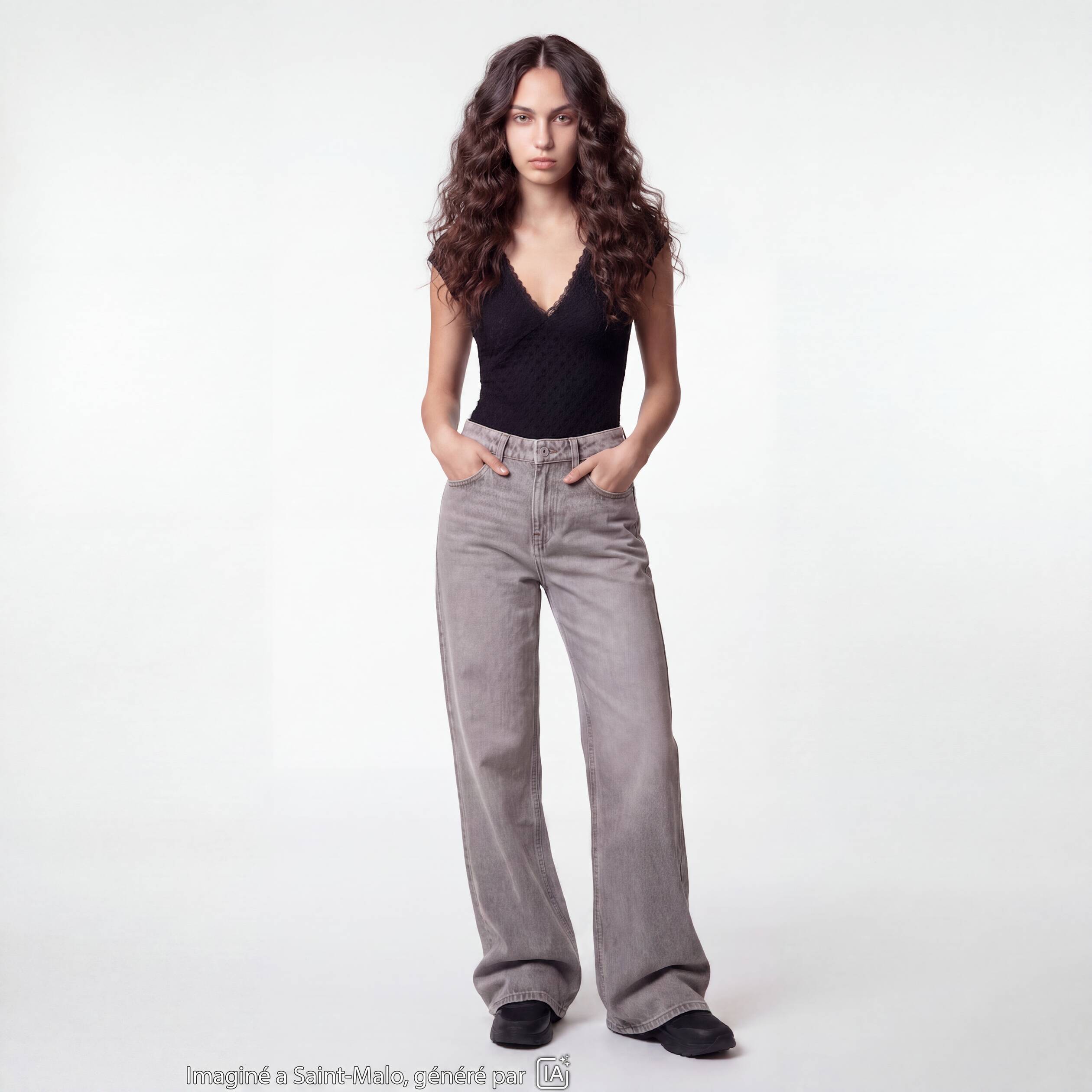 Jean wide leg taille standard denim gris ado
